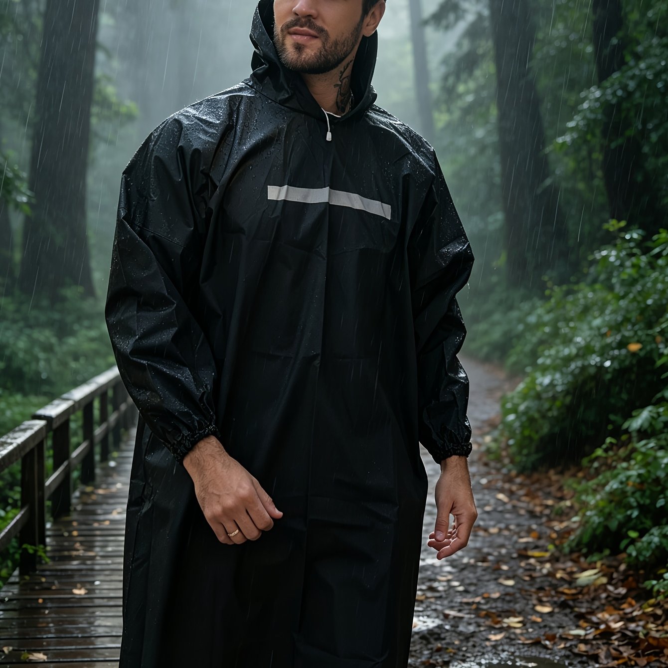 TEMU 1pc Long Full-body Raincoat Unisex With Reflective Stripes, Outdoor Mountaineering Storm Protection Hooded Poncho, Adult Cycling Rain Jacket