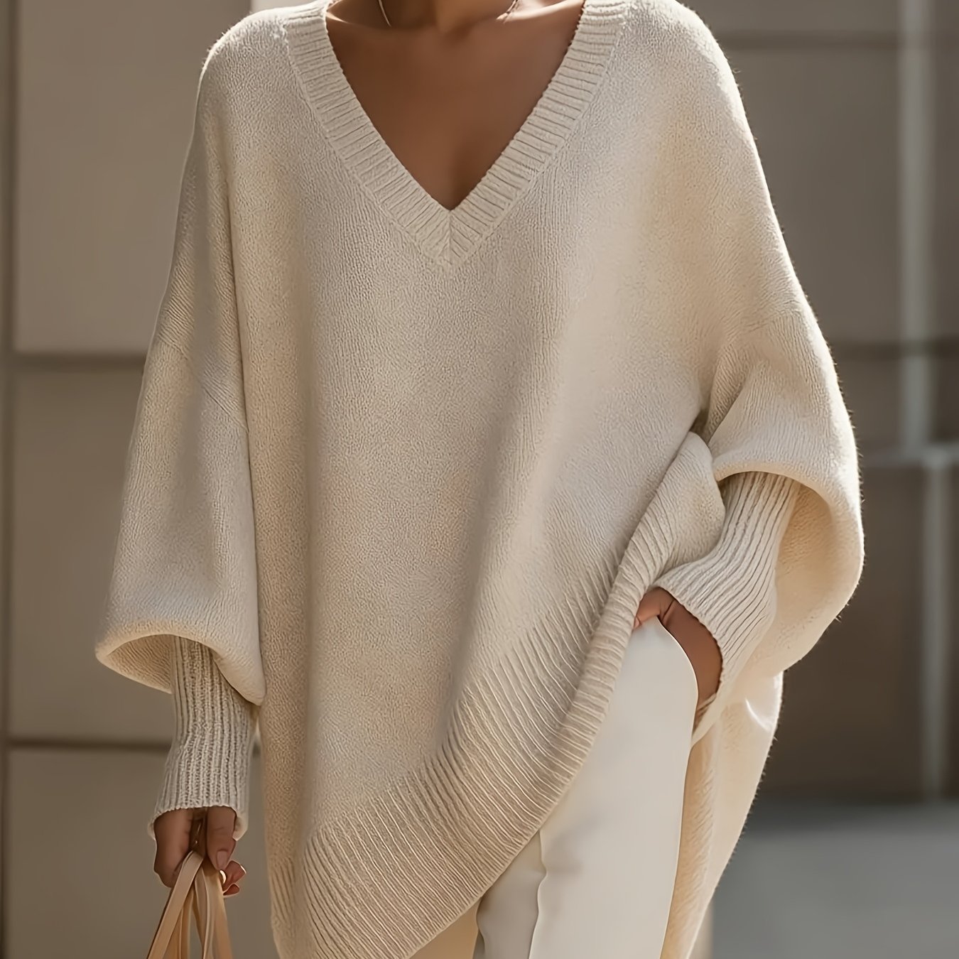 Image of Plus Size - French Plus Size V-neck Sweater Women's Loose Batwing Sleeve Solid Soft Pullover Sweater Autumn Top