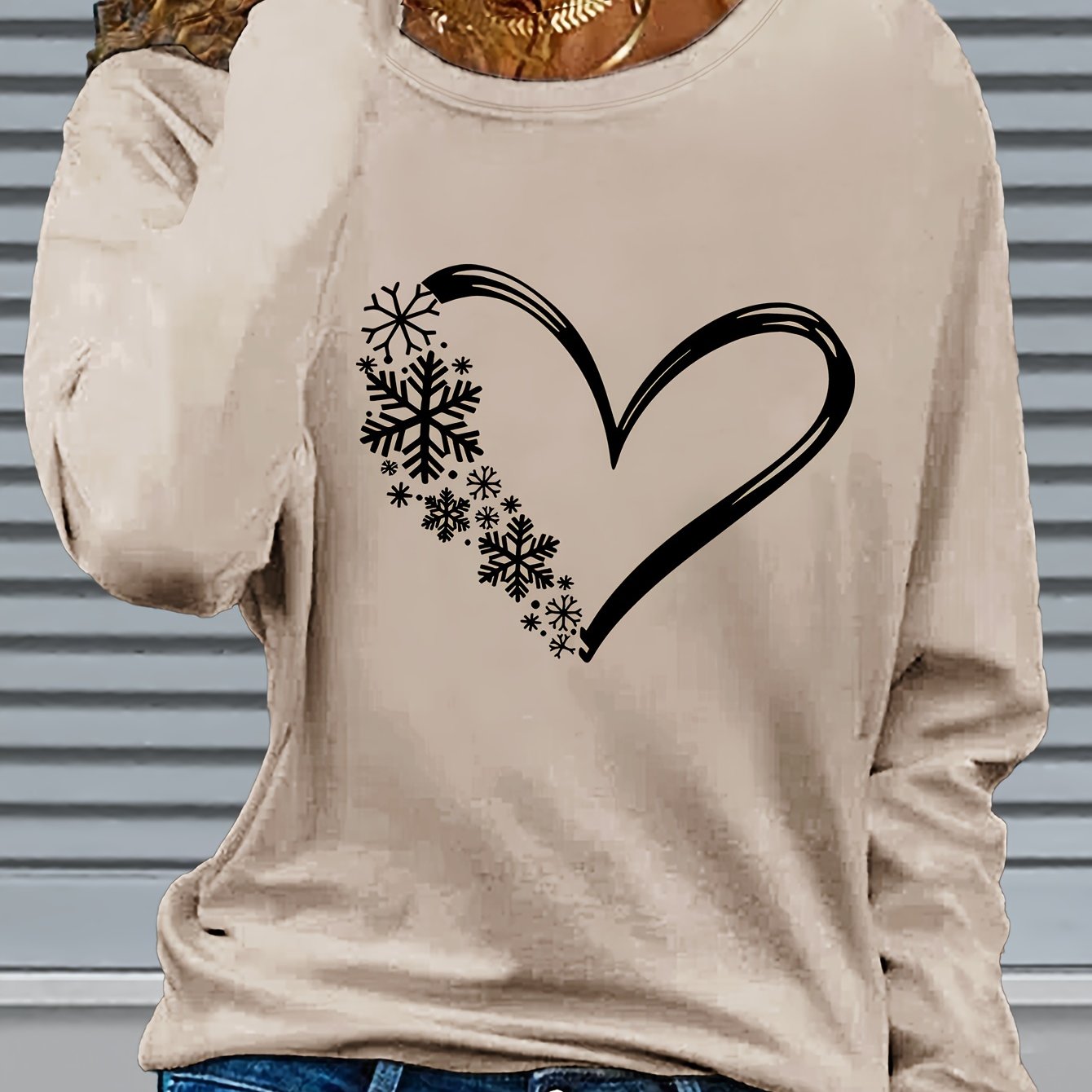 TEMU Women's Christmas Graphic Print Long Sleeve T-shirt - Heart Snowflake Neck Casual Top, Cozy Machine-washable Apparel For Autumn & Winter,