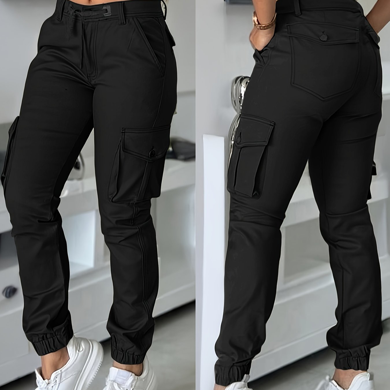 Women's Long Pants, Casual Cargo Drawstring Pocket Flap Elastic Women's Trousers, Fashionable Elegant Casual All-match Women's Pants