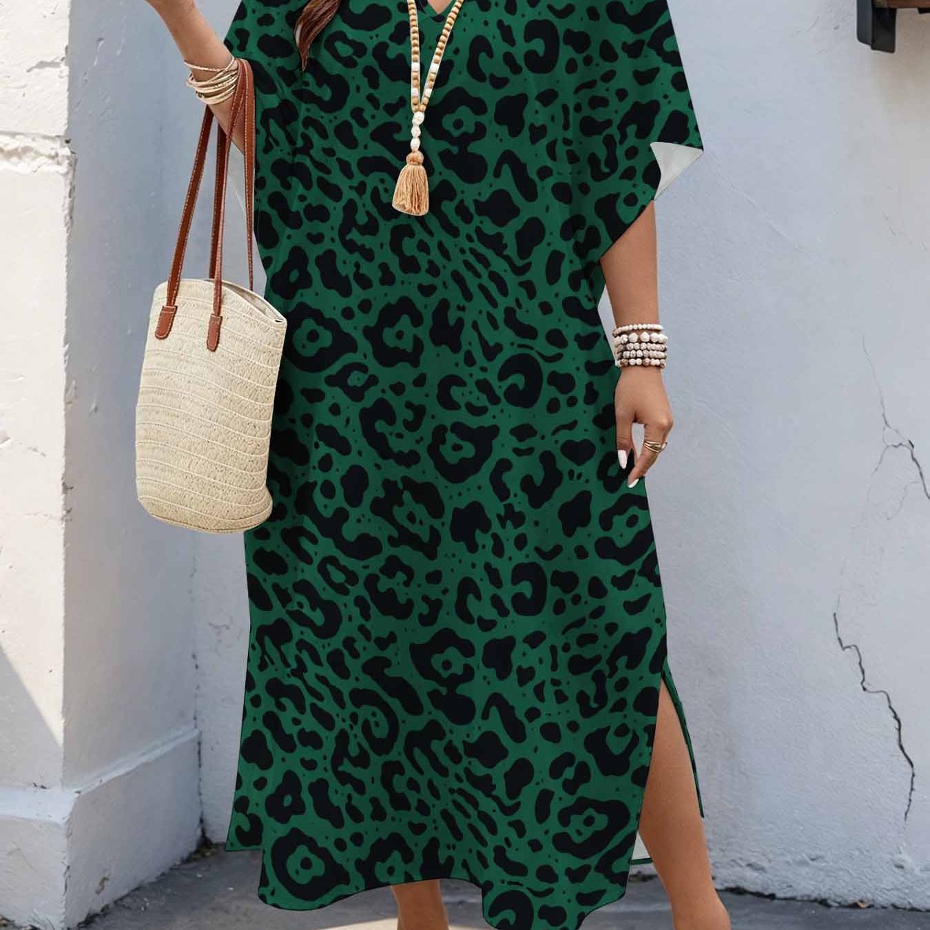 Image of Plus Size Women's 08xl Chic Vintage Style, Print Maxi Dress, V-neck Batwing Sleeve Dress With Double Side Slits, Loose Casual Summer Dress For Curvy Women
