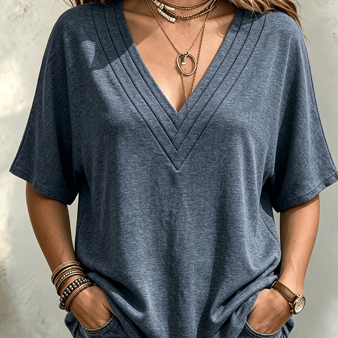 TEMU Vintage French/european V-neck T-shirt - Stitched Loose Drop Shoulder Short Sleeve -compatible Base Layer Top | Machine Washable Suitable For