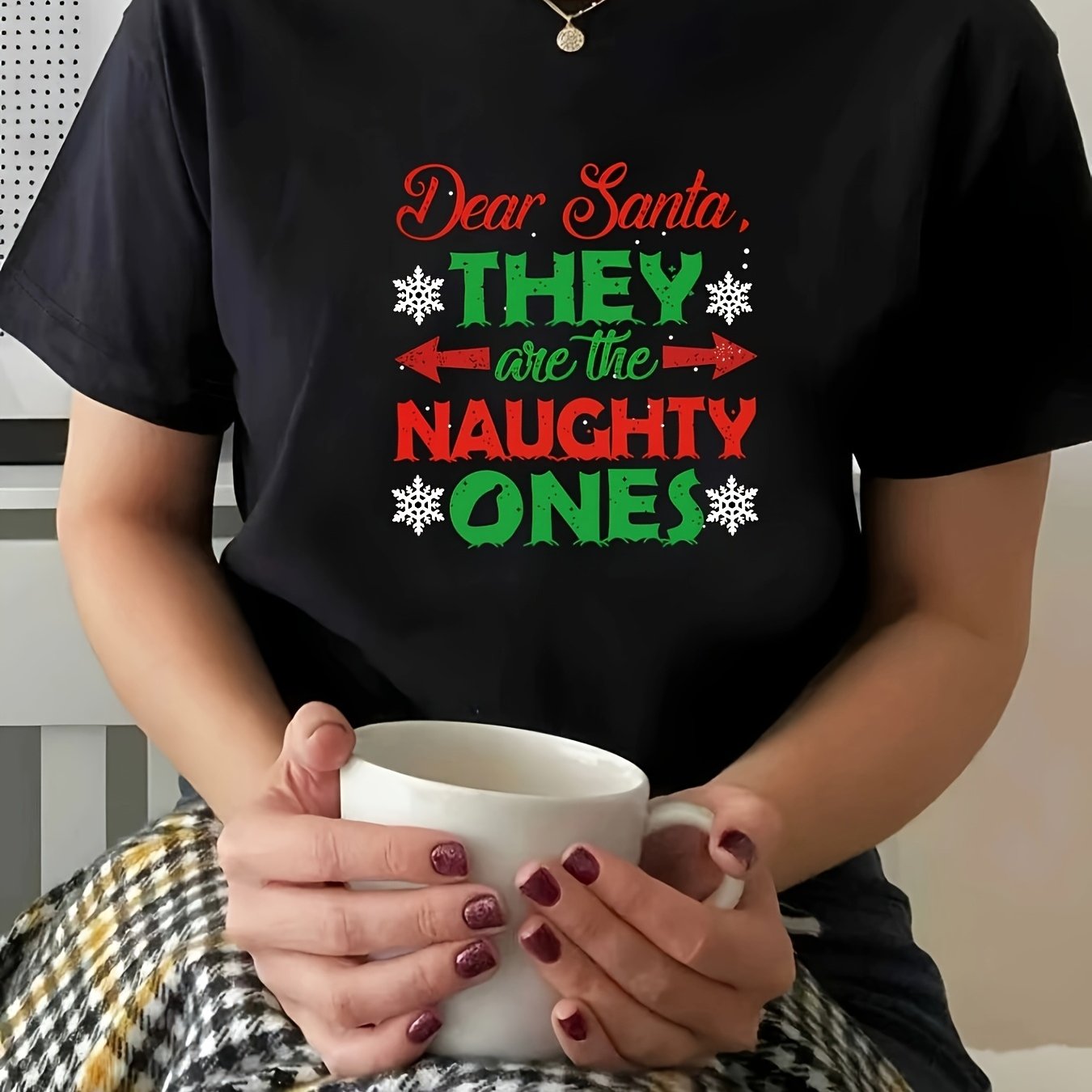 TEMU Women's T-shirt, Are , Fun -shifting Christmas English Print, Women's Black Round Neck Short Sleeve Top, Suitable For Holiday Parties, New Year