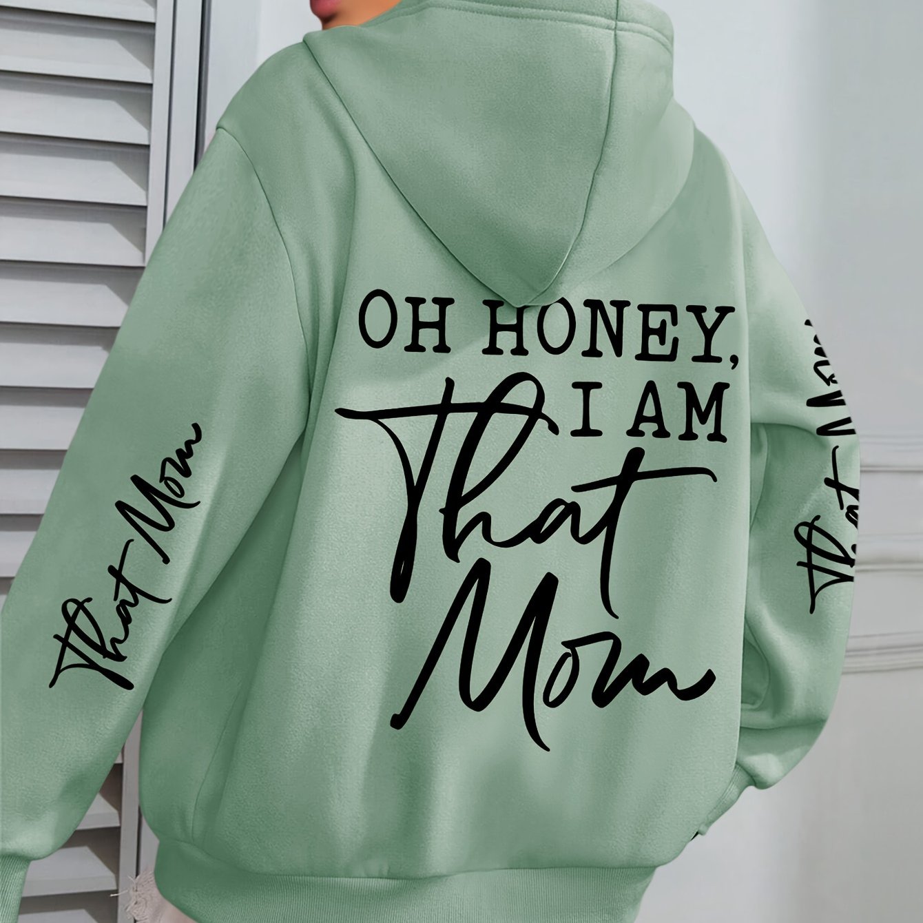 TEMU Plus Size, Plus Size Mom Print Hoodie, Casual Long Sleeve With Pocket Hooded Sweatshirt For Winter & Fall, Designed For Women, Women's Plus Size