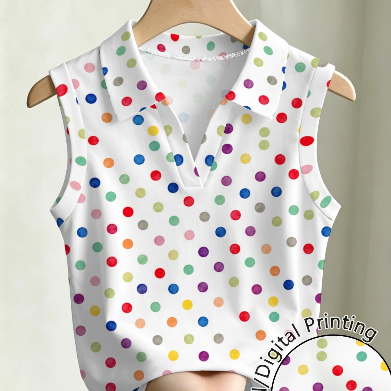 TEMU Women's Colorful Polka Dot Sleeveless T-shirt - V-neck Short Top With Collar, Loose Fit Breathable -compatible For All-match Outfits | Casual