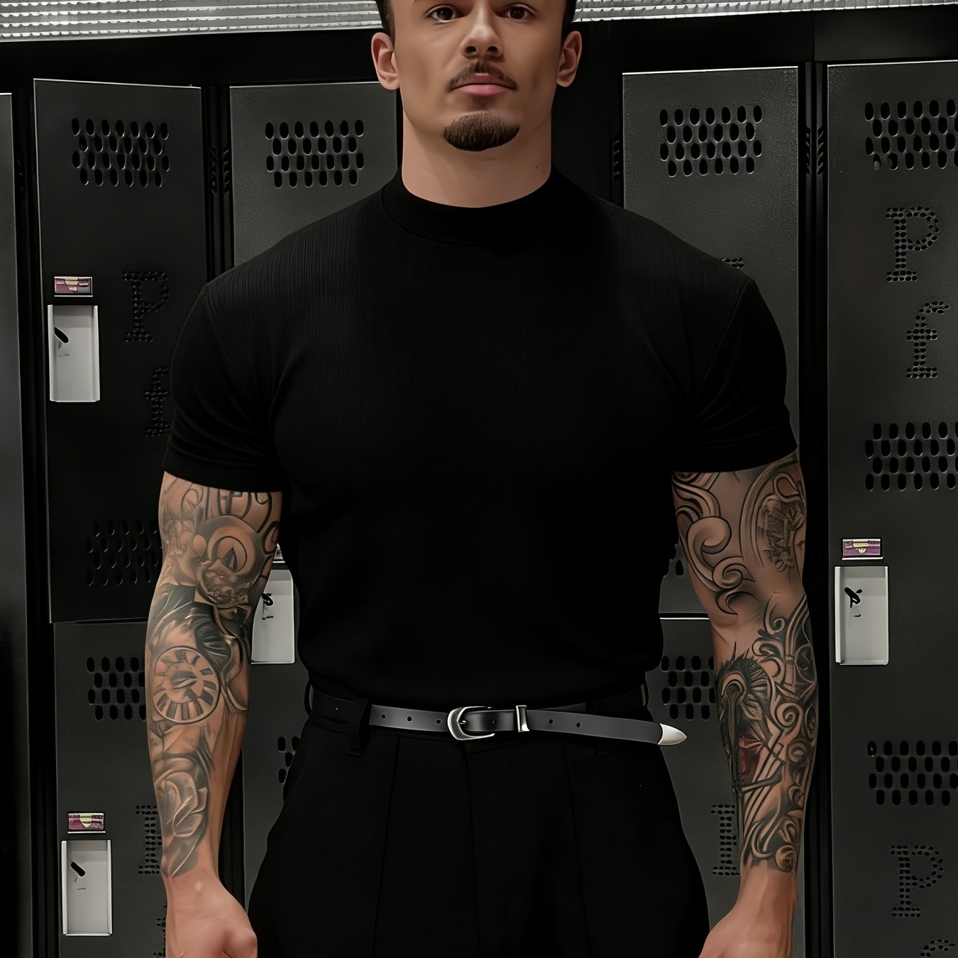 TEMU [qiaoximei Obm] Retro High-neck Fitness Shirt, Men's Fashion Training Short Sleeve, Vintage Style Athletic Top