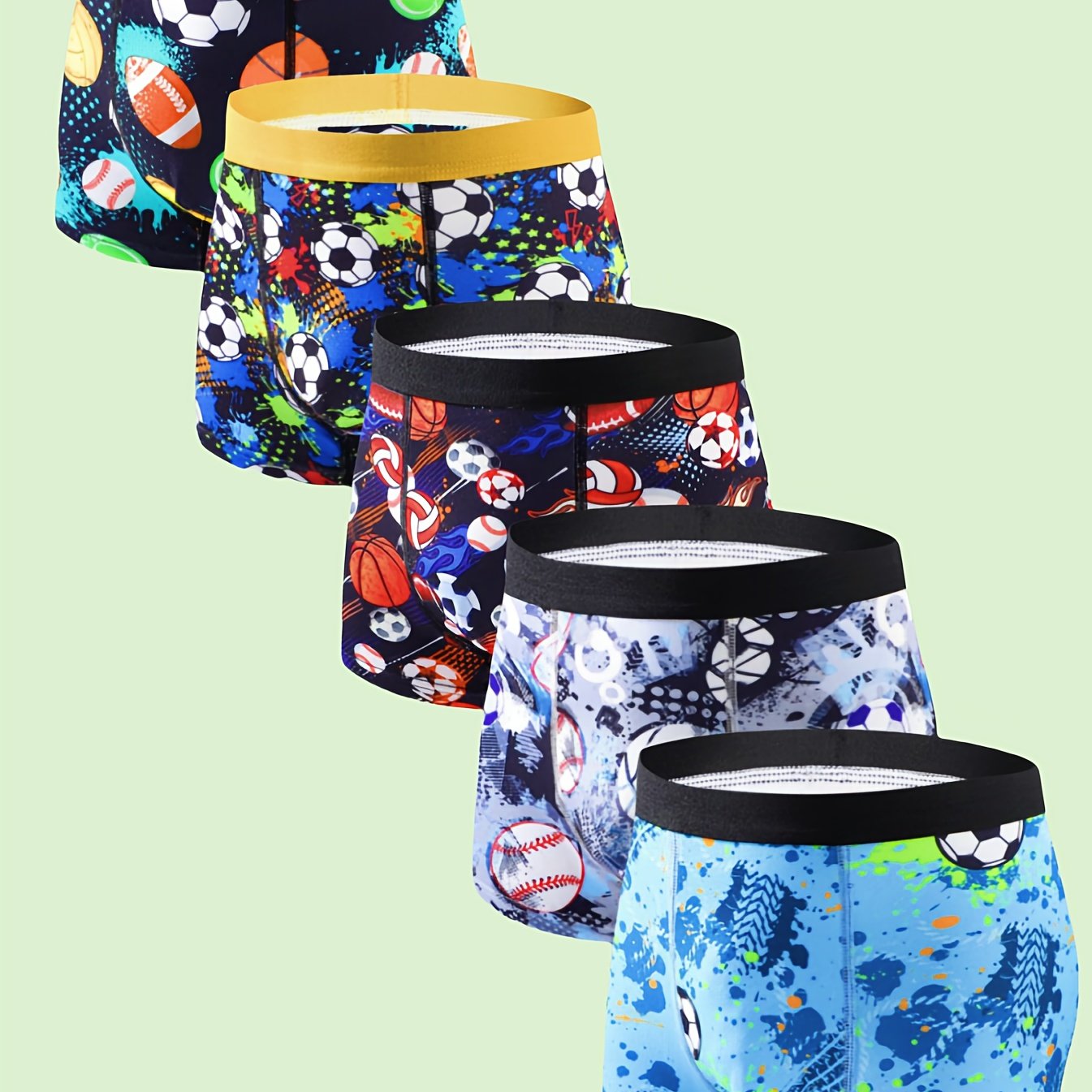 E-shop 5er-Pack Boxershorts für Jungen mit Cartoon-Aufdruck, Polyester-Strickstoff, Sportstil, reguläre Passform, Ganzjahresunterwäsche mit Baseball-,