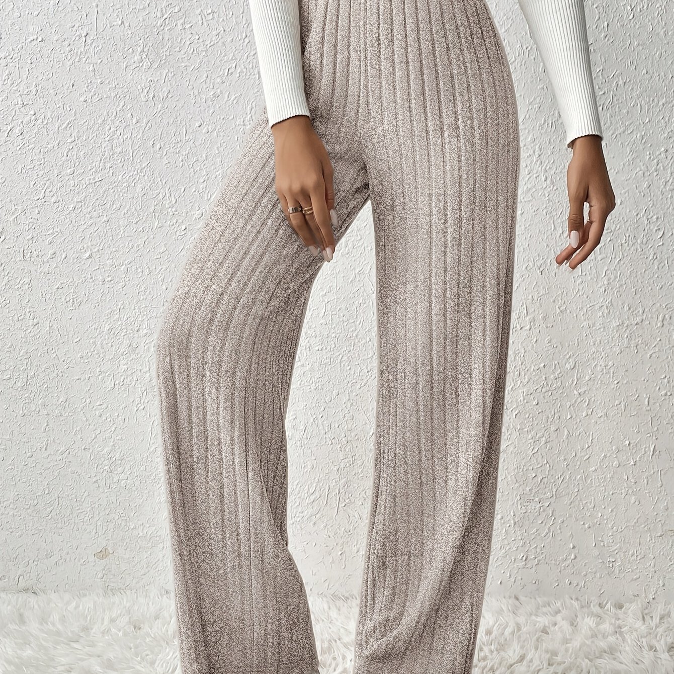 E-shop Gerippte Damen-Hosen mit Elastischem Bund und Geradem Bein - Lässige, Weite Texturhose in Unifarben für Alle Jahreszeiten, Maschinenwaschbar,