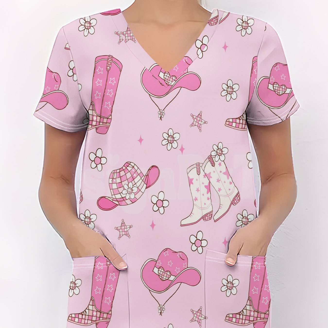 TEMU Cute Animal Plant Flower Element V-neck Print Uniform With Pocket Top, Comfortable And Elastic Fabric, Doctor, Nurse, Dentist, , Manicurist,