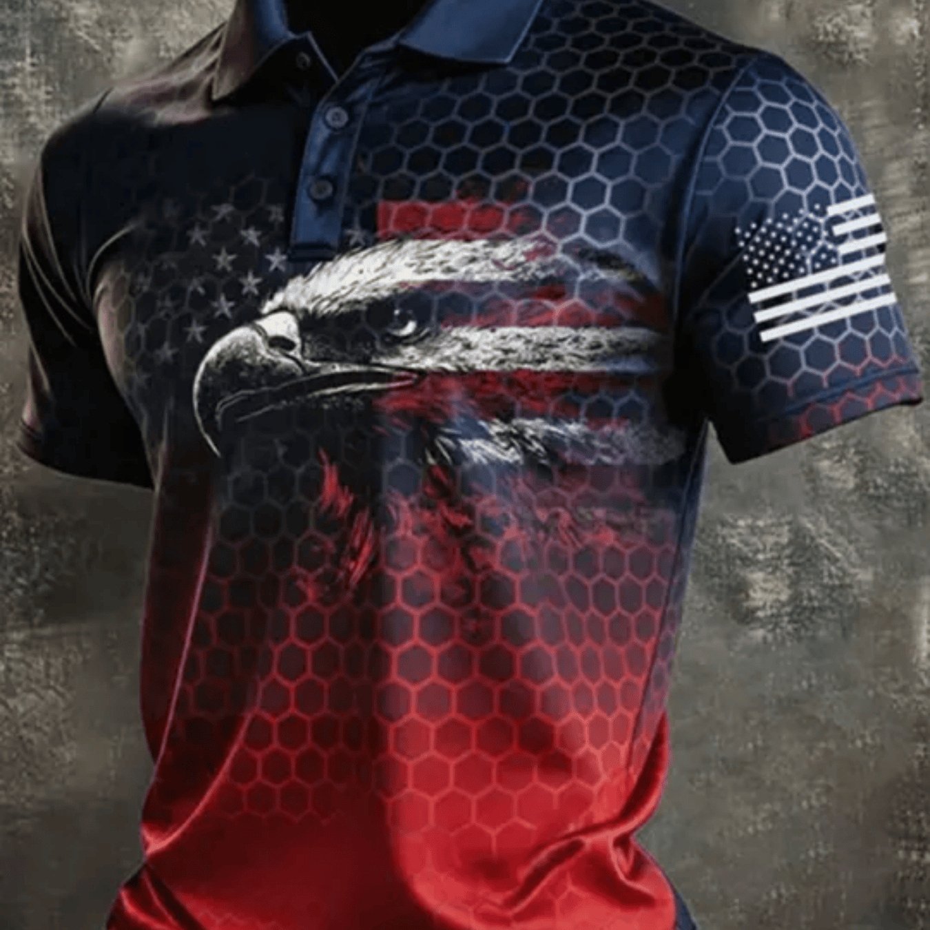 TEMU Men's Casual Sports Short-sleeve Golf Shirt, Featuring American Flag And Bald Eagle Print, Made Of Machine-washable Polyester Fabric, Breathable