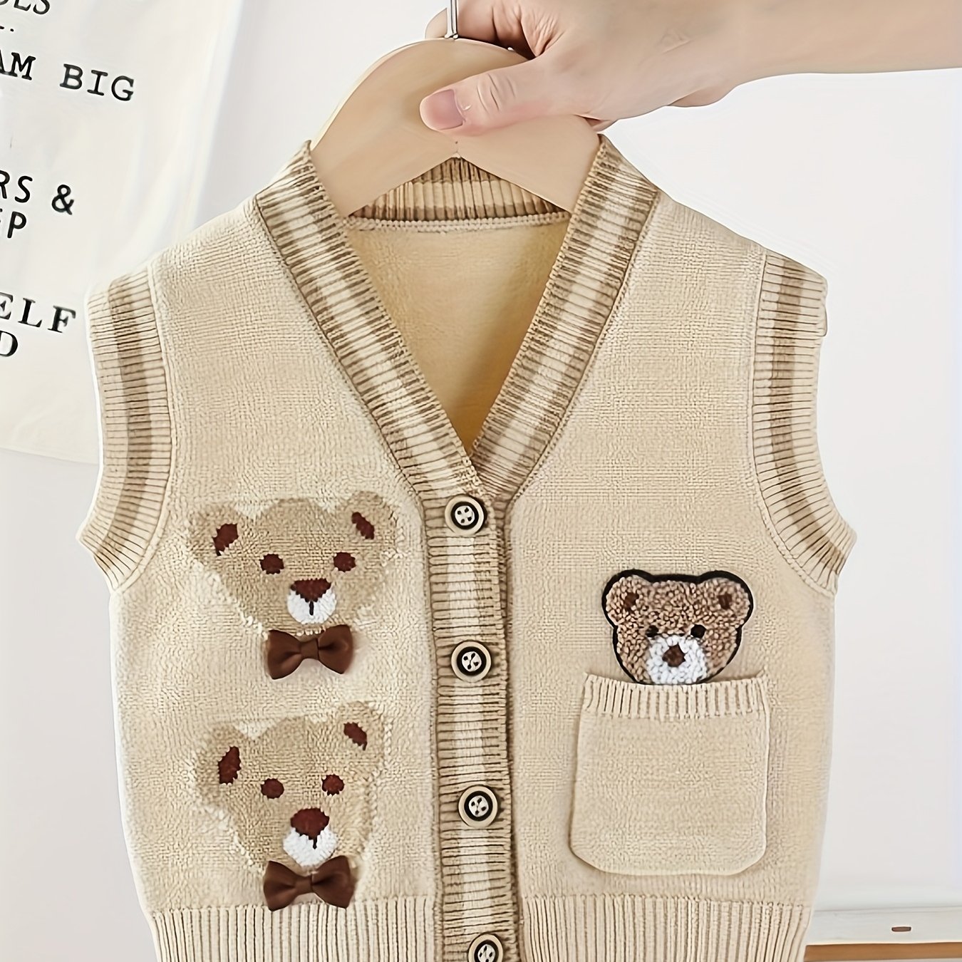 Boys Cute Bear Pattern Patched Preppy Uniform Knitted Sleeveless Fitness Sweater Vest, Kids Clothes