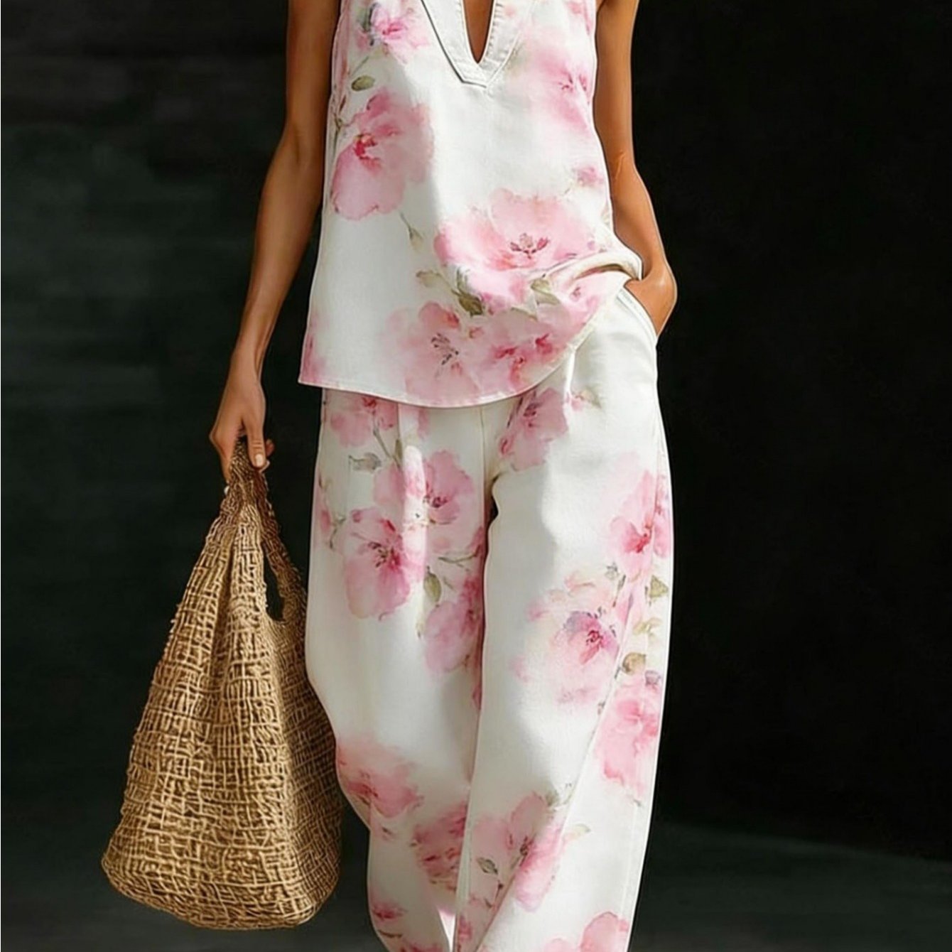Plus Size - Plus Size - Summer Watercolor Floral Print Halter Neck V-neck Top And Wide-leg Pants 2pcs Set Casual Vacation Outfit