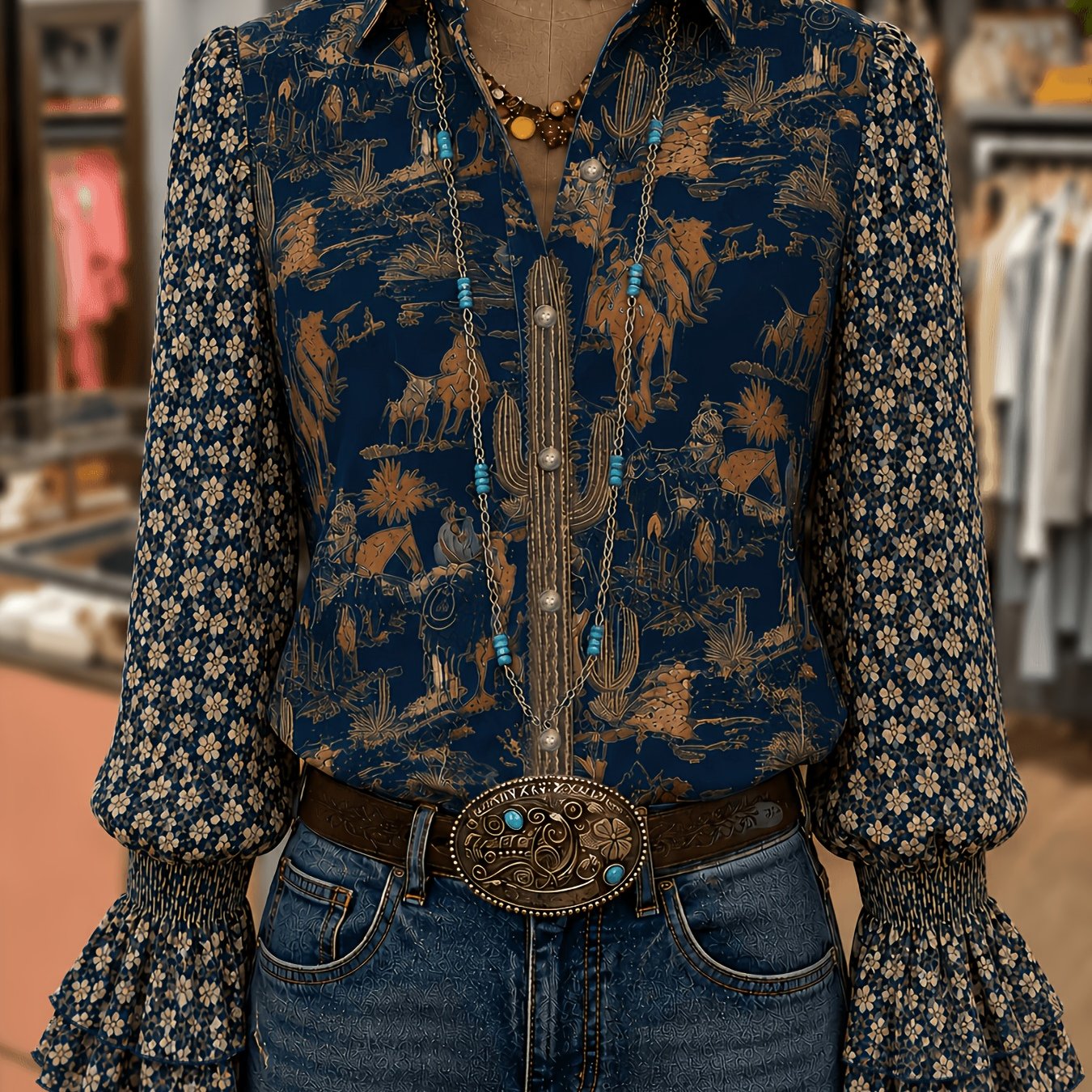 TEMU Chemise à manches longues à imprimé vintage western pour femme, cardigan bohème à et boutons, patchwork floral avec volants et poignets évasés,