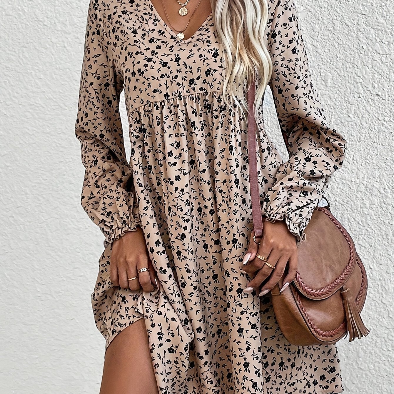 TEMU Elegant Floral Print Long Sleeve V-neck Dress For Women, 100% Polyester Woven Fabric, A-line Flowy Fall Midi Dress With Flounce Sleeves