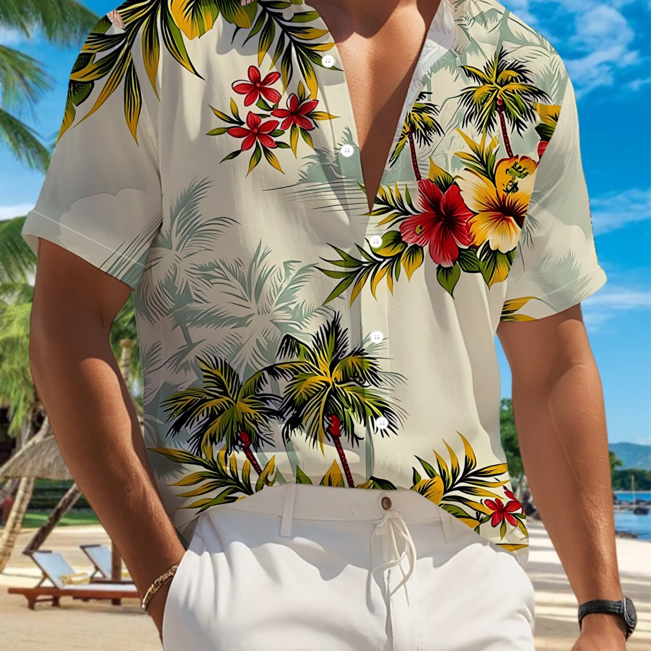 TEMU 's Casual Short Sleeve Shirt With Tropical Floral Tree Print, . Versatile Casual Top For Holiday Parties, Commuting, And Casual Attire. Made Of