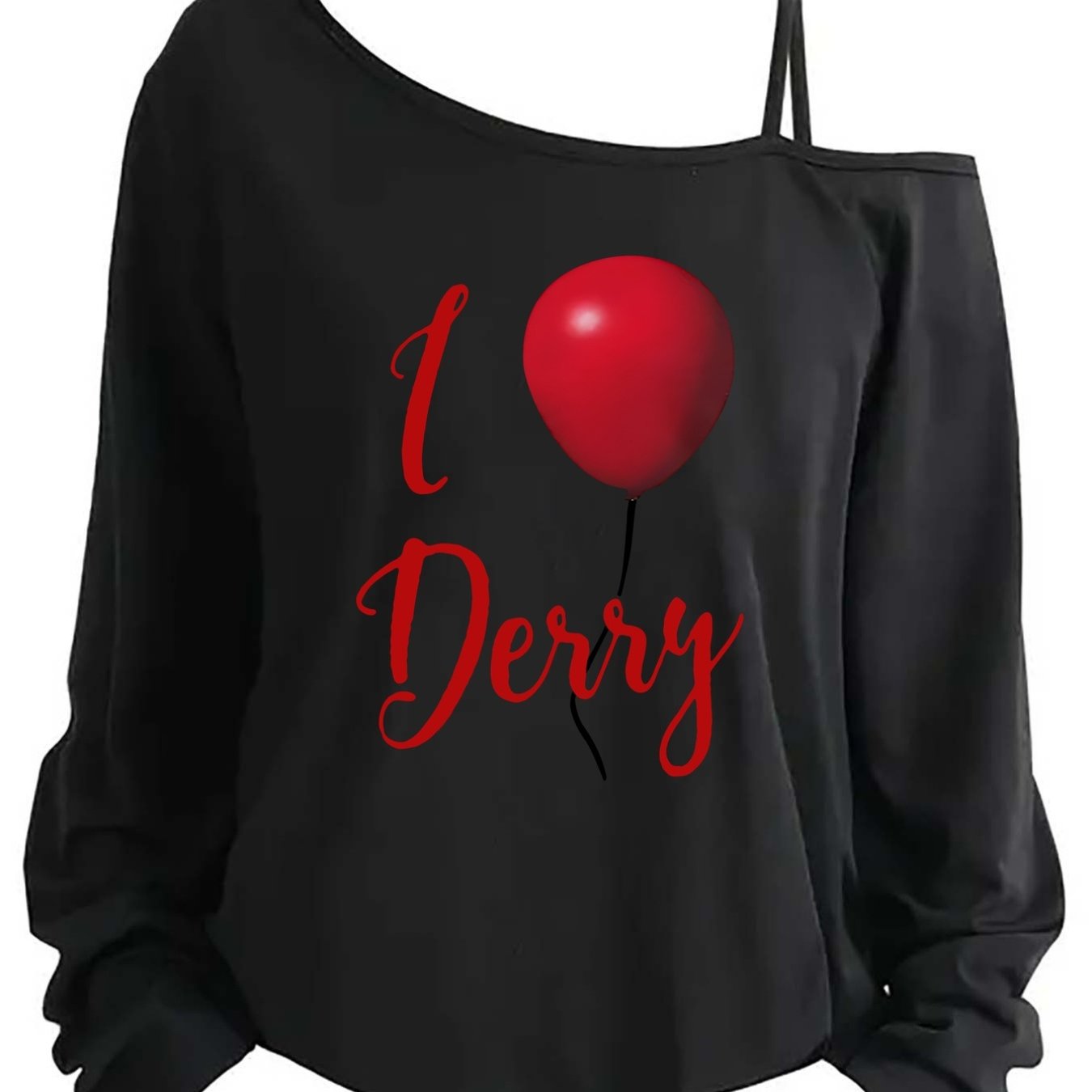 TEMU Women's Red "i Love Derry" Balloon Print Single-shoulder T-shirt - Asymmetric Strap Drop Shoulder Top, Relaxed Fit Long Sleeve Blouse For Casual