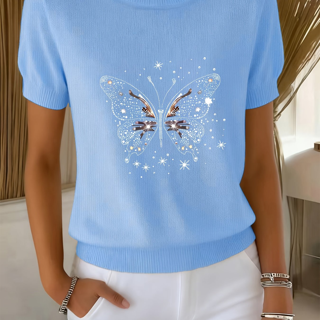 E-shop Damenmode Rundhals Kurzarm Pullover | Besticktes und Strass-Muster, geeignet für Frühling/Sommer/Herbst, ideal für Freizeitkleidung und Layering