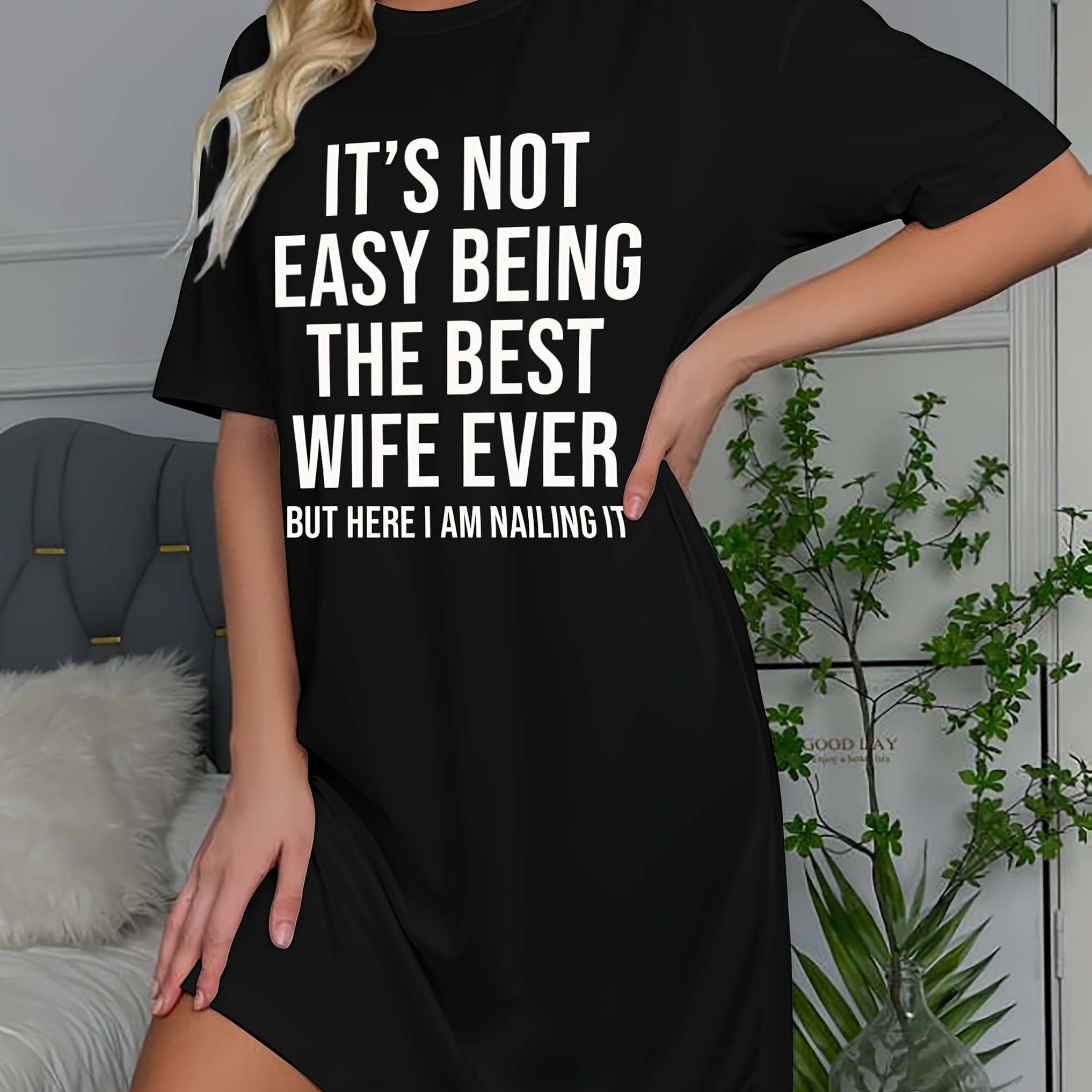 TEMU Graphic Print T-shirt Dress Pajamas With Letter Slogan - Casual Round Neck, Short Sleeves, Stretch Polyester Blend, Machine Washable -