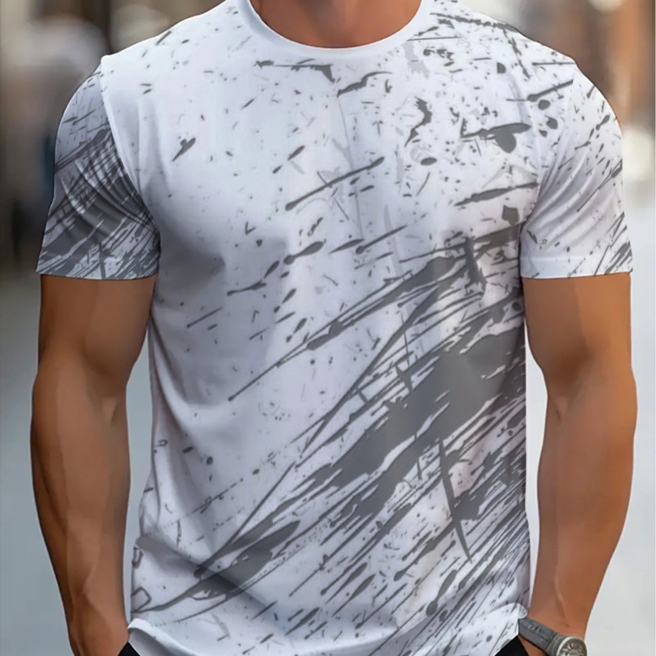 TEMU Printe Esign Men's Breathable T-shirt - Modern Abstract Round Neck Tee, Suitable For Gym, Outdoor & Daily Wear, Comfortable Casual Shirt With