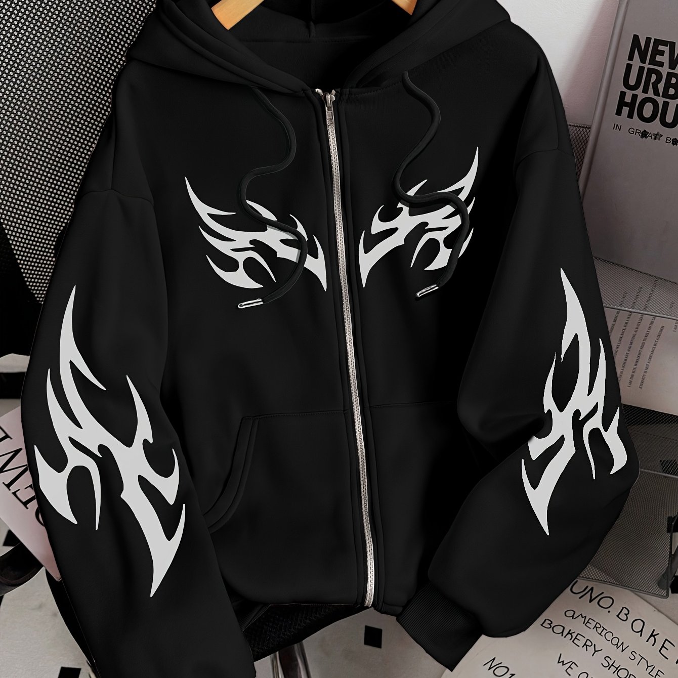 TEMU Women's Long Zip-up Hoodie With Artistic Line Pattern Print, Easy And