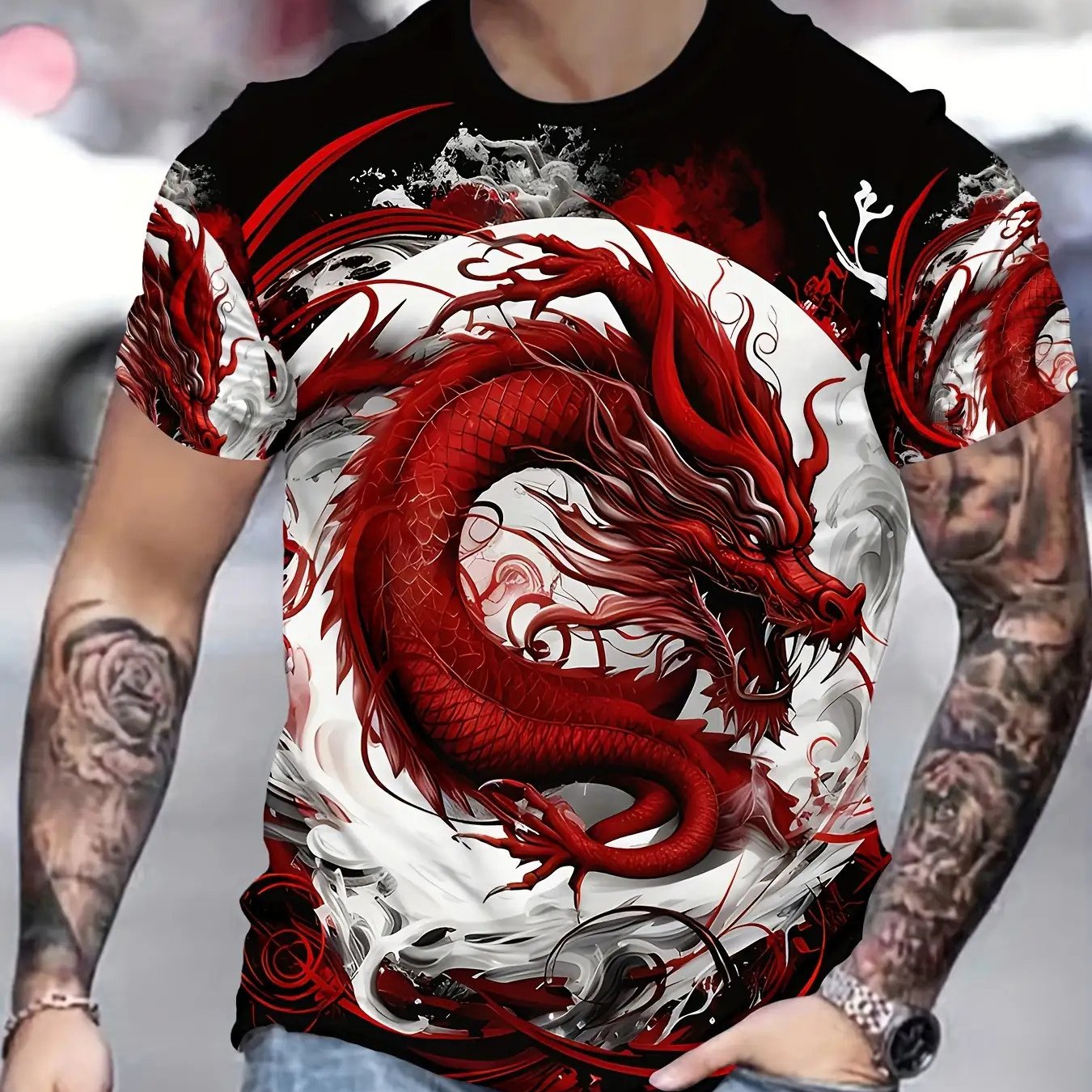 TEMU Alai Men's Dragon Print T-shirt - Red And Black Pattern With Clouds, Regular Fit Style, Machine Washable, Dragon Graphic Tee, Plus Size