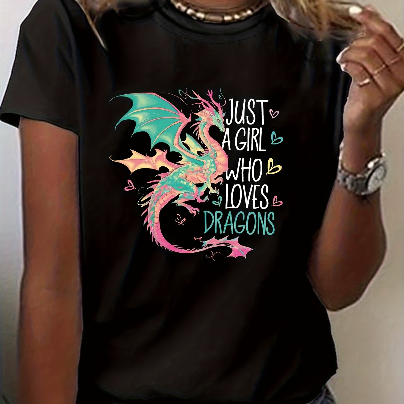 TEMU Just A Who Dragons Graphic Print T-shirt, Short Sleeve Crew Neck Casual Top For Summer & Spring, Women's Clothing