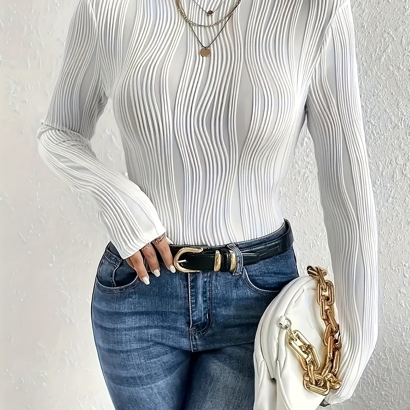 Women' Ribbed Round Neck White Long Sleeve T-shirt