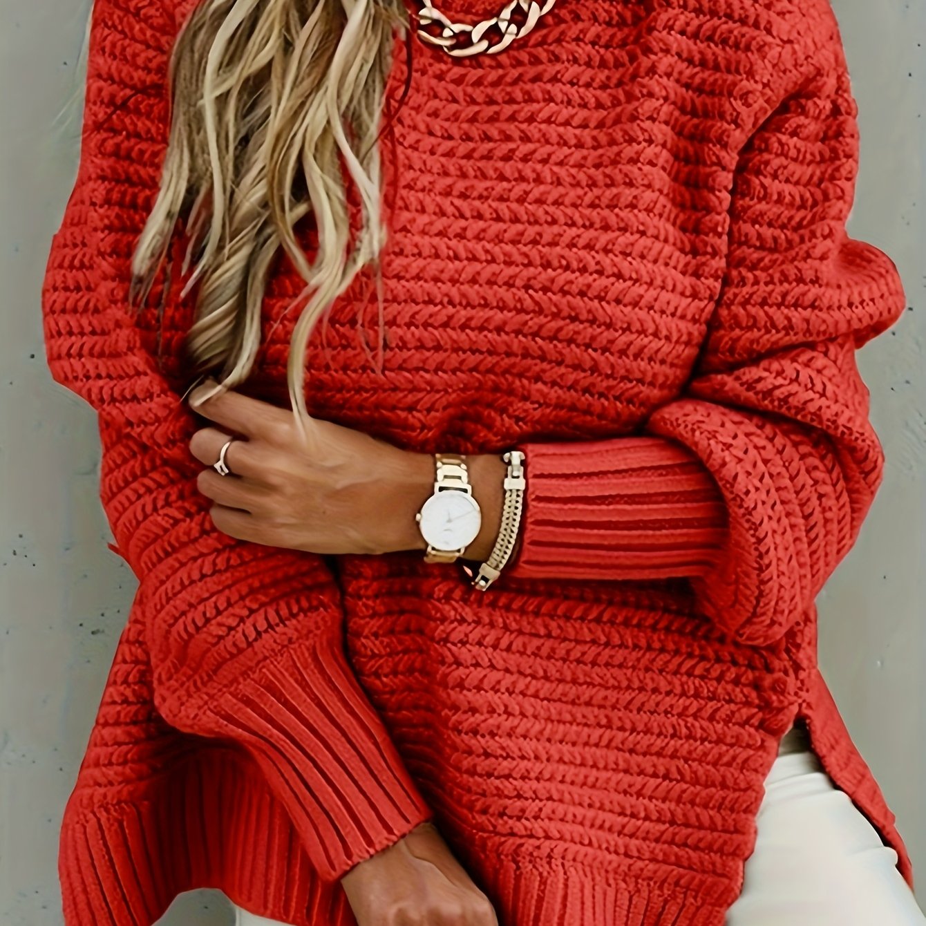 Autumn And Winter Half-high Collar Solid Color Long-sleeve Sweater For Women, Featuring A Textured Design With Short And Back , Perfect For Elegant Commuting