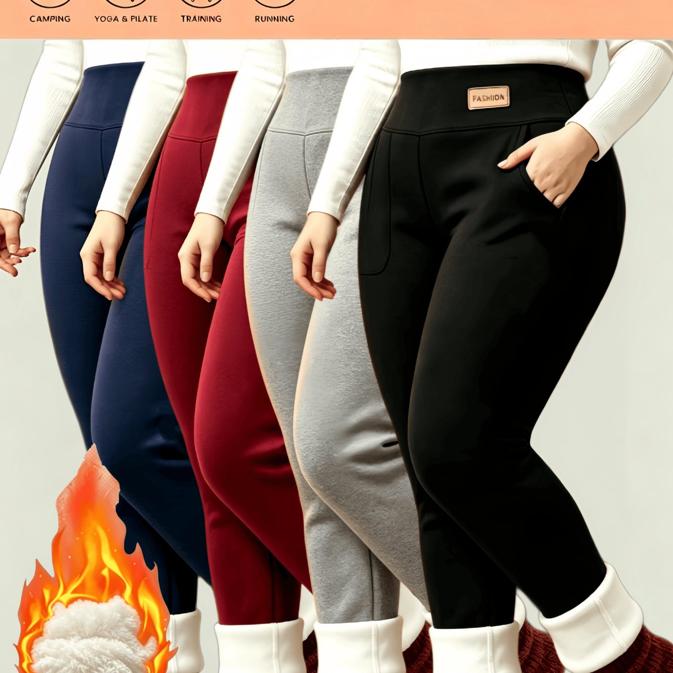 Image of 4pcs Women's High-waisted Pants With Tummy & Elastic Waistband - Thickened Warm Workout Leggings Suitable For Gym, Training, Winter Fitness, Pockets, Machine Washable, Solid Color Pants