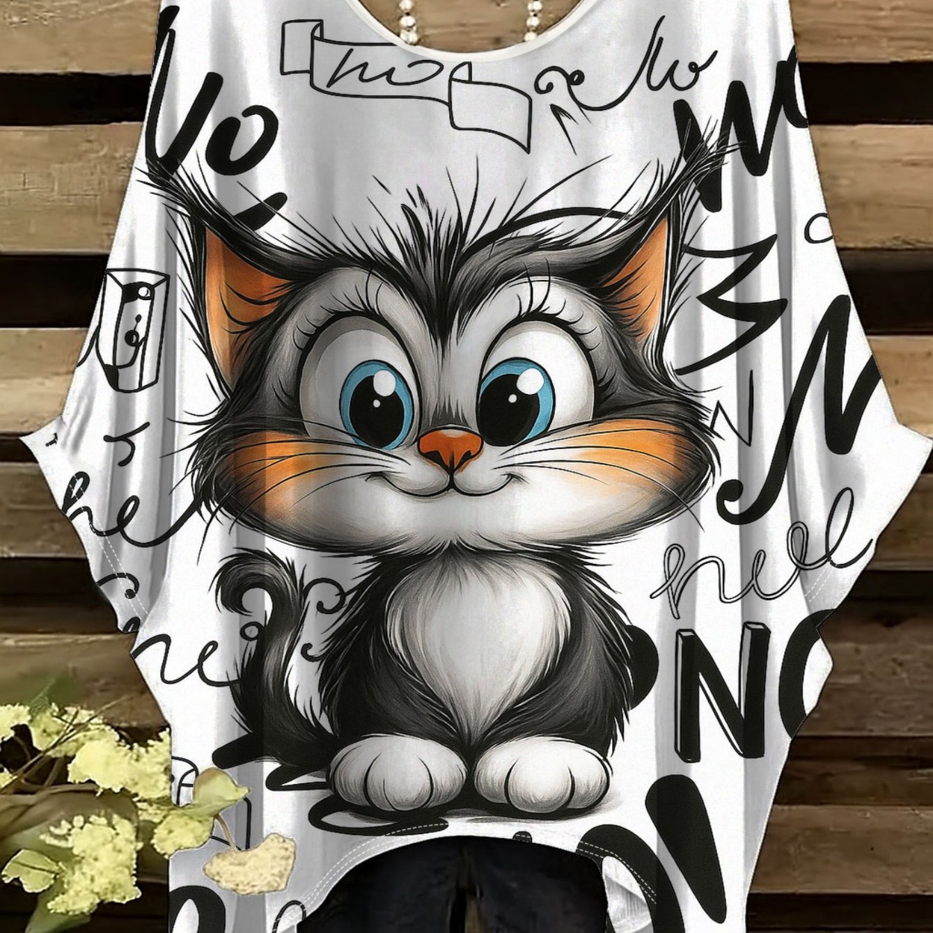 Image of Plus Size - Plus Size - Cute Cartoon Cat Women's Plus Size Short Sleeve T-shirt, Irregular , T-shirt , , Round Neck Short Sleeve, Elasticity, Casual Comfortable