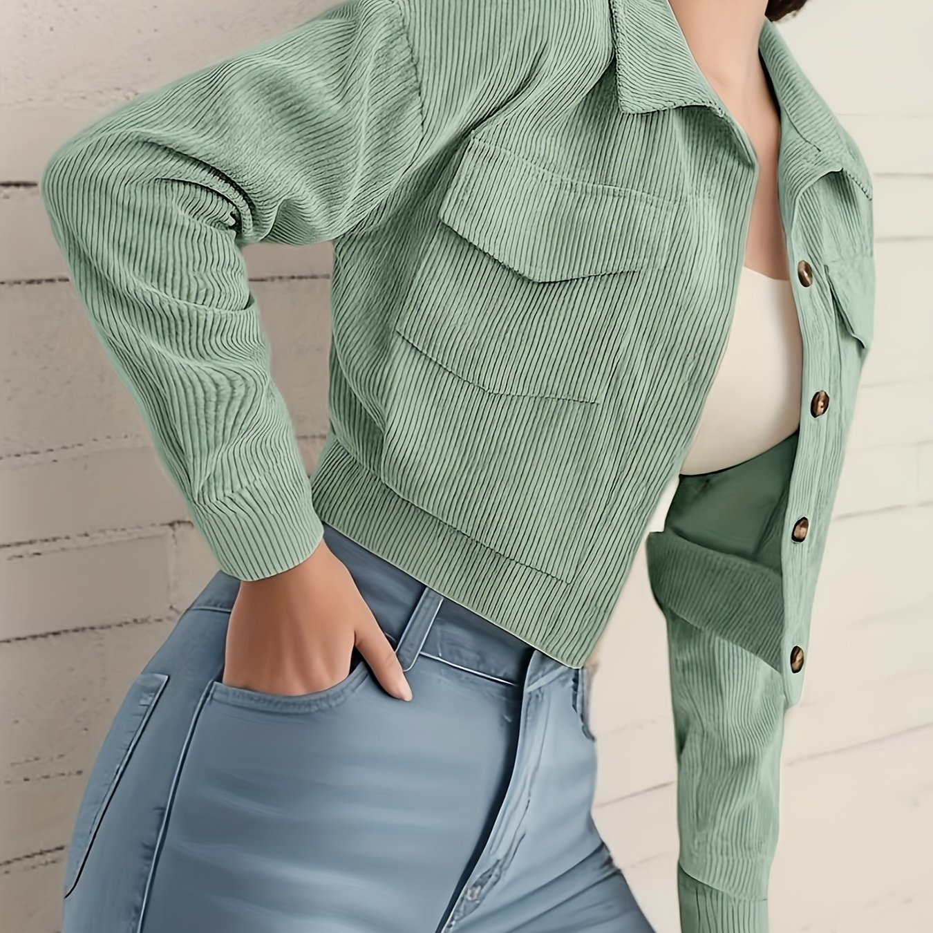 TEMU Women' Green Corduroy Jacket With Flap Pockets, Casual Long Sleeves, Button Front, Ribbed Texture, Perfect For Spring And Autumn, Casual