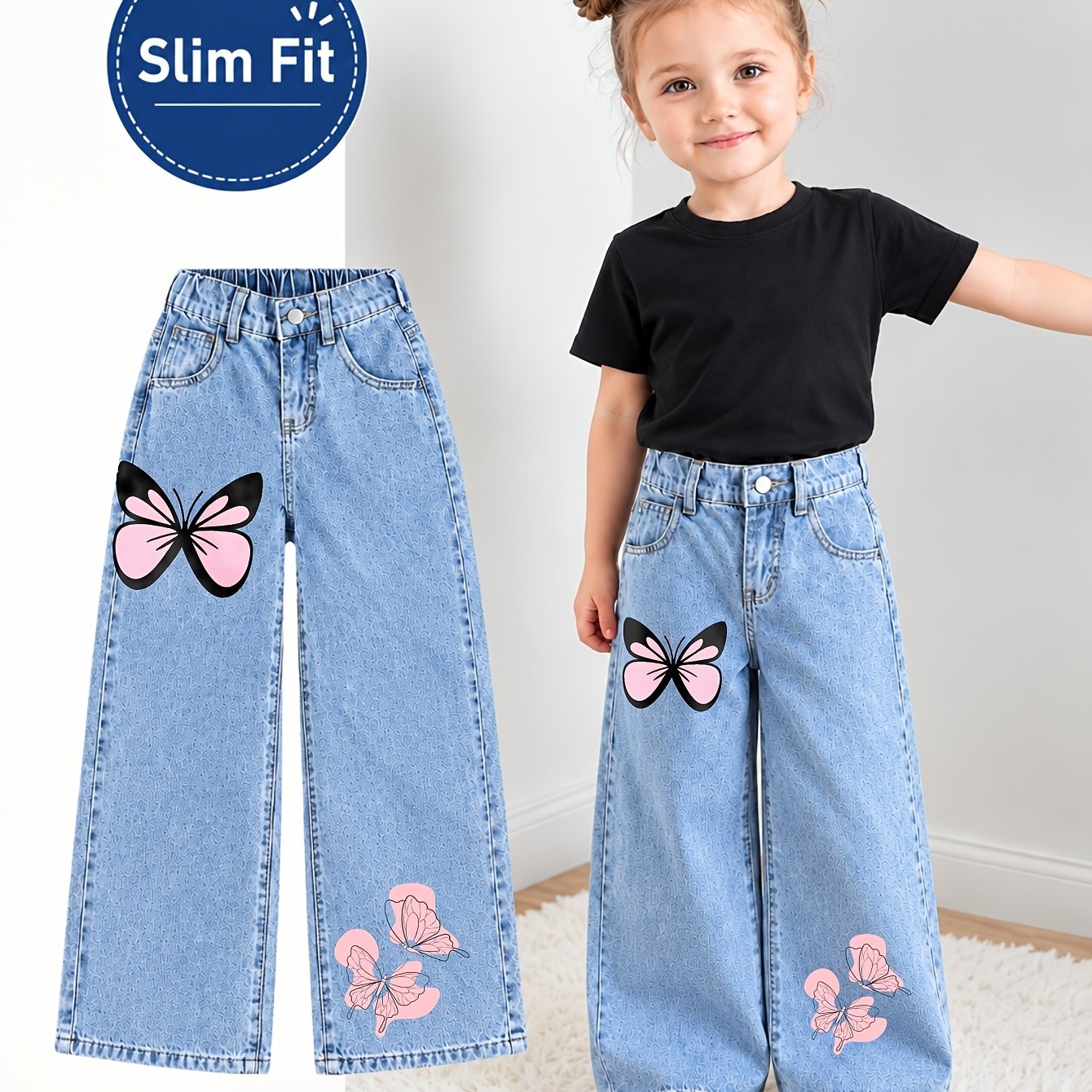 Image of Unisex Youth Multiple Colors Baggy Wide Leg Jeans, Side Graphic Print, Back To School Outfit Style, Perfect For Celebrating Day Of School, Wear, Weekend , Street Styling, Casual Daily Outfits