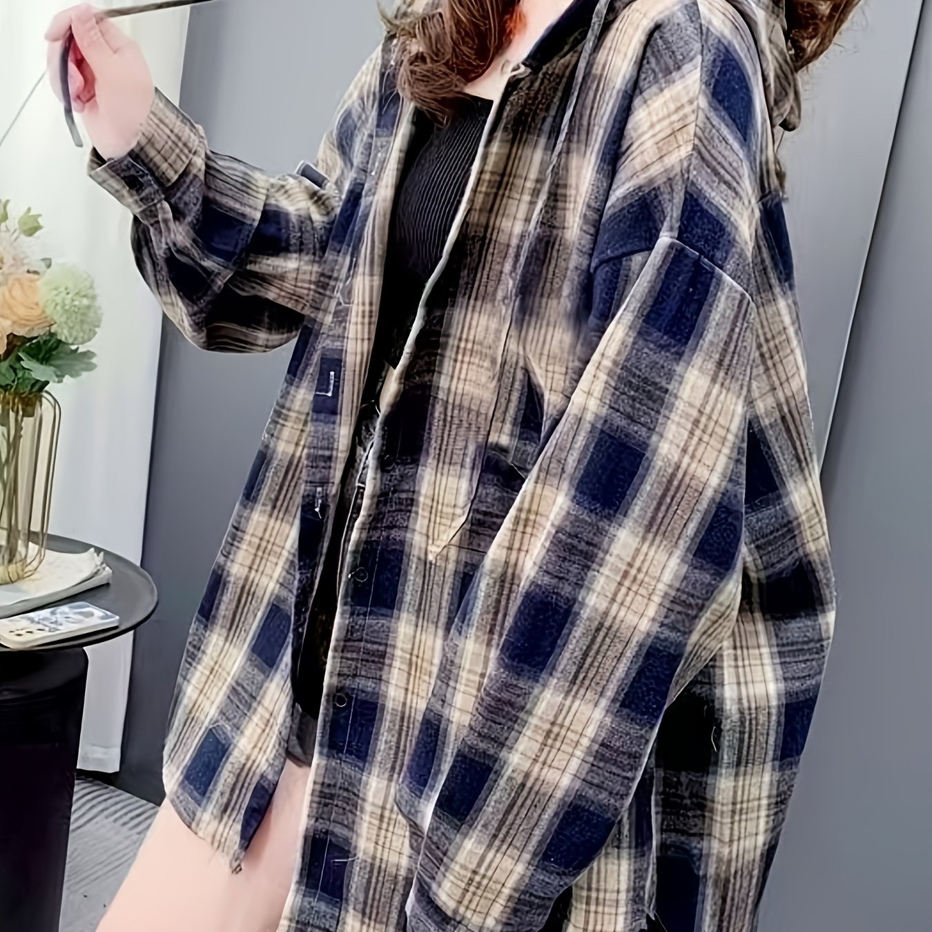TEMU Hooded Mid-length Shirt Jacket Women's Spring And Autumn New Loose High-end Long-sleeved Cardigan Top, Casual Outing