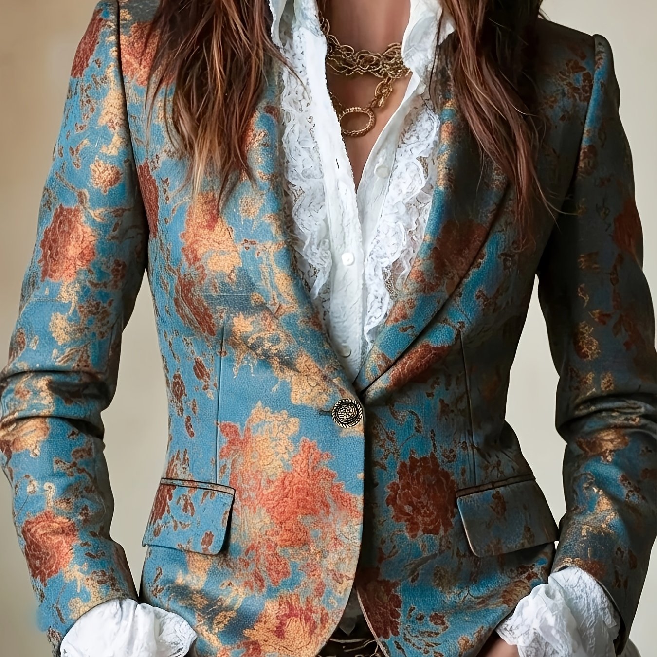 TEMU New Fashionable Style Printed Temperament Short Waist-cinching Blazer With Lining And Pockets