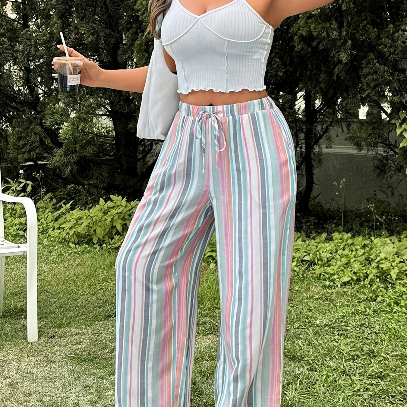 TEMU Plus Size, Plus-size Women's Colorful Striped Drawstring Wide-leg Pants, Versatile For Summer Casual Wear, Loose And Comfortable For A Relaxed
