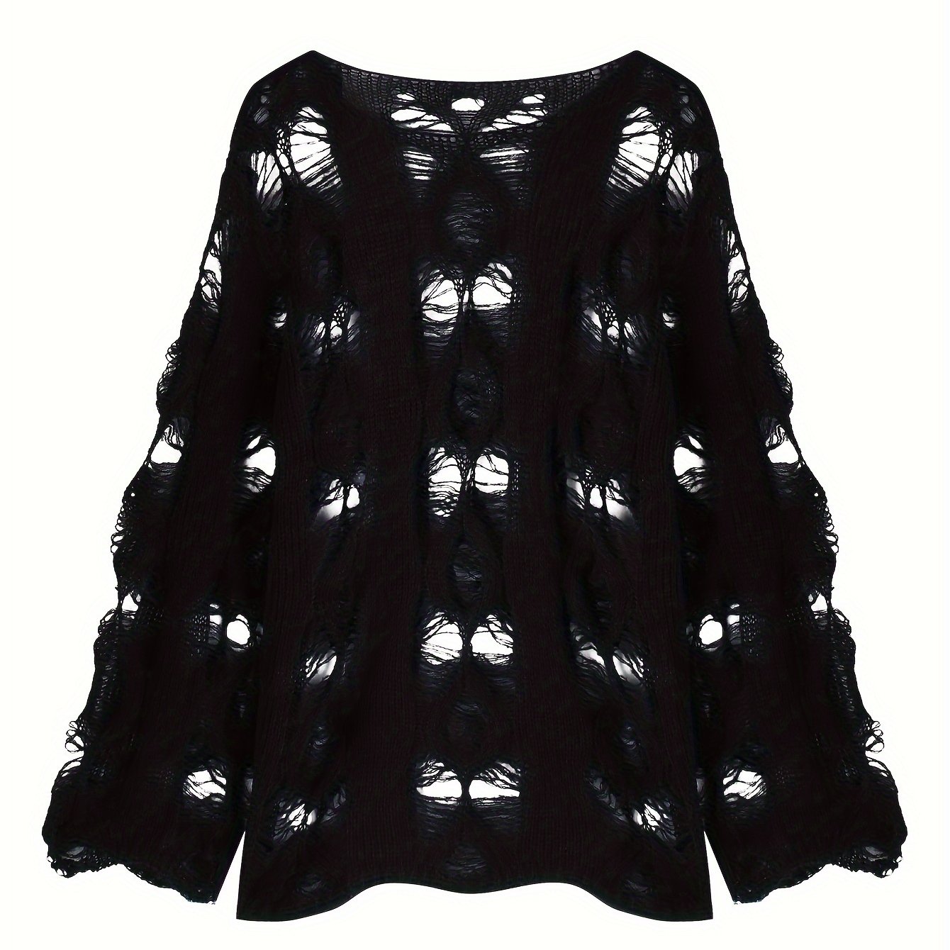 Skin-friendly Mahair Hollow-out Ripped Straight-leg Long-sleeve Thin Sweater For Women