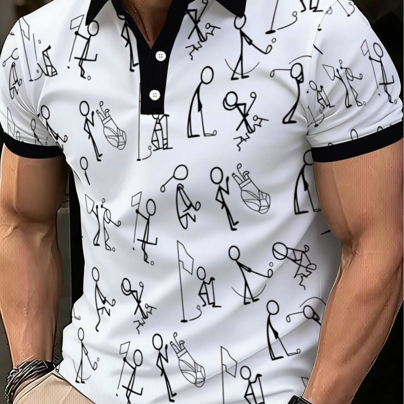 TEMU [printed Design, No Texture] Men's Stickman Golf Print Shirt, Lightweight And Breathable, Suitable For Casual Wear, With Black Edges, Outdoor