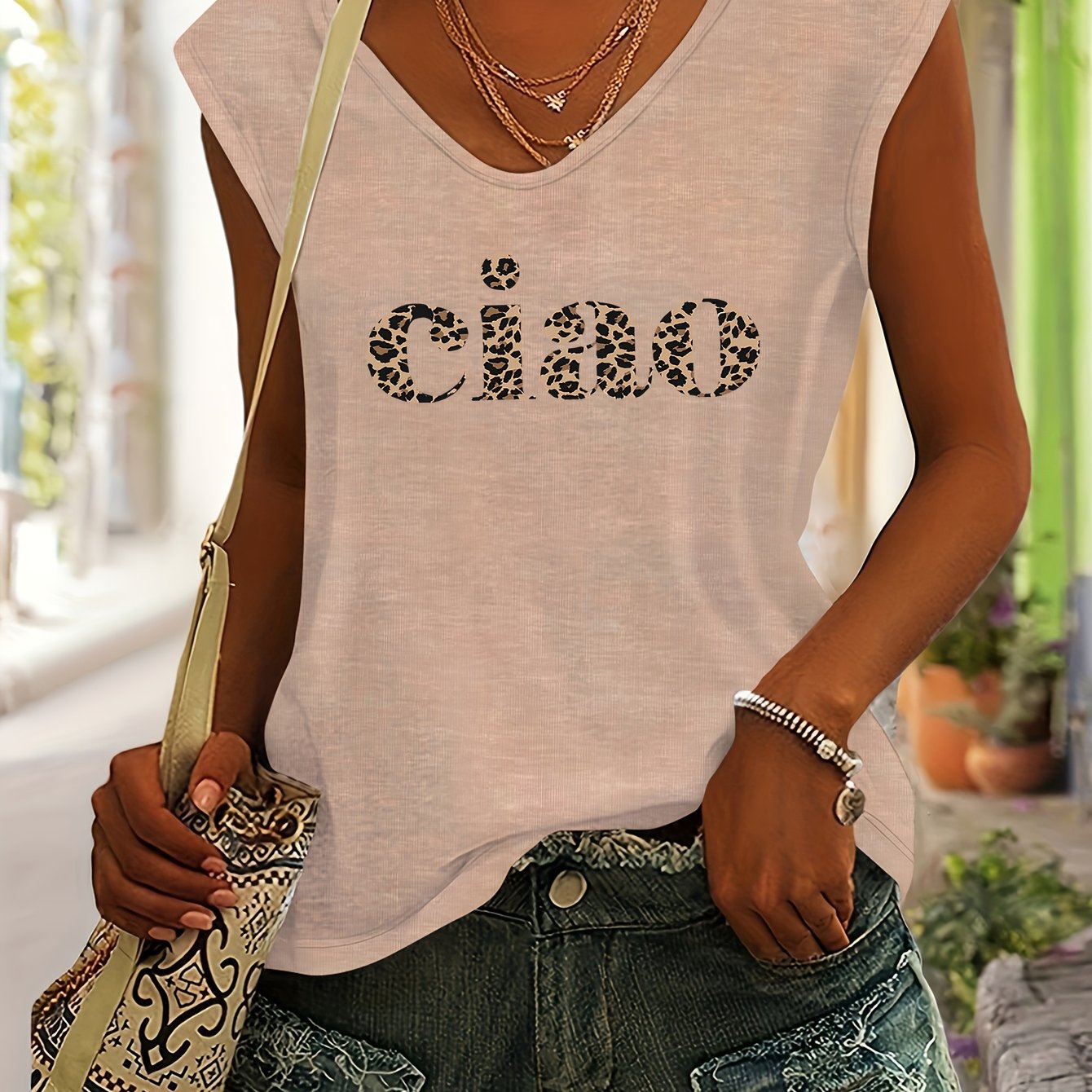 TEMU Leopard Print Letter Print European And Women's Spring/summer Clothing, Simple And Versatile Vacation Casual Colored V-neck Short Sleeve T-shirt