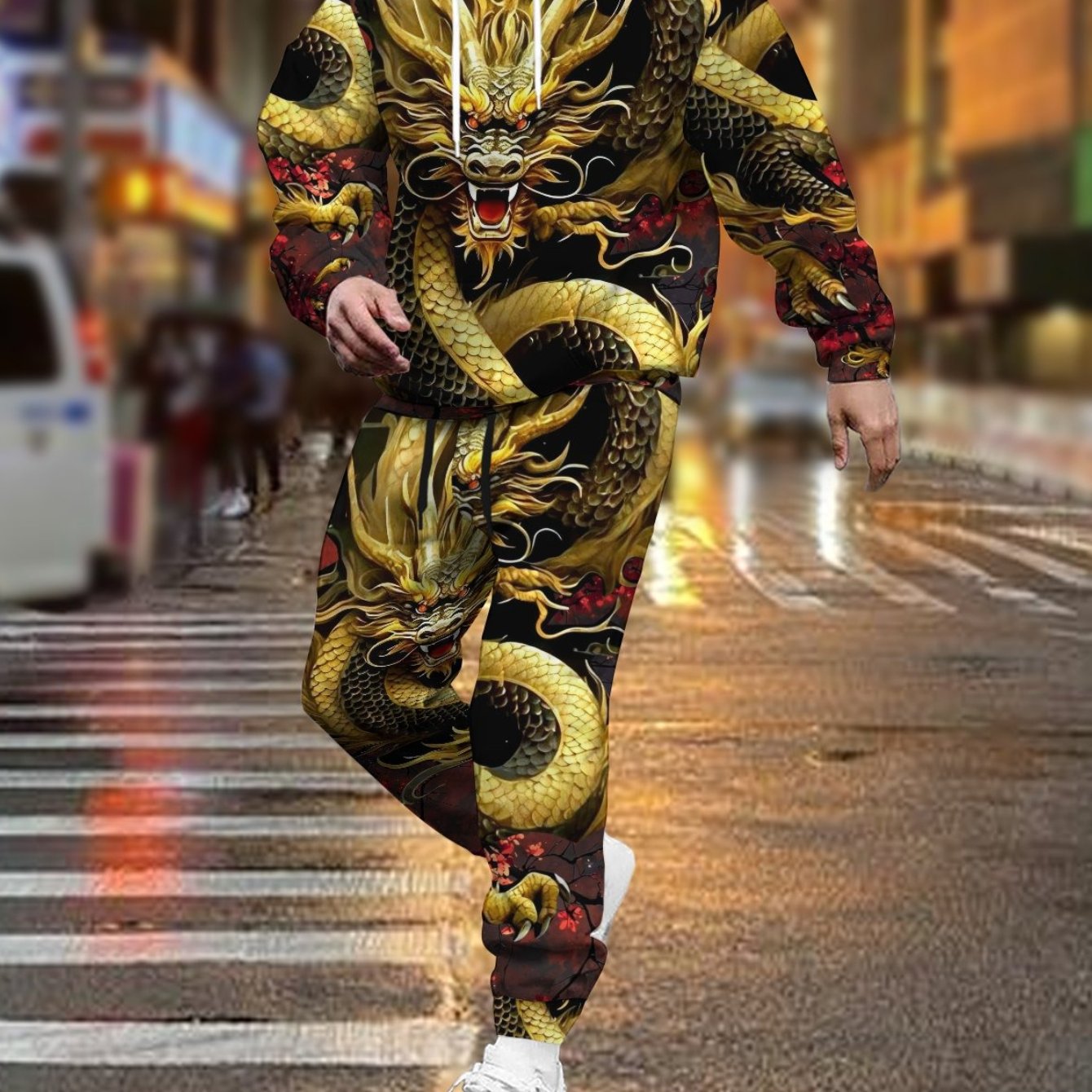 Image of 2pcs Suits Men's Casual Hoodie And Sweatpants Set, Golden Retro Dragon Pattern 3d Print, Comfortable Outdoor Activities Mens Clothes, Regular Style Spring/ Autumn Polyester Long Sleeve Sweatshirt