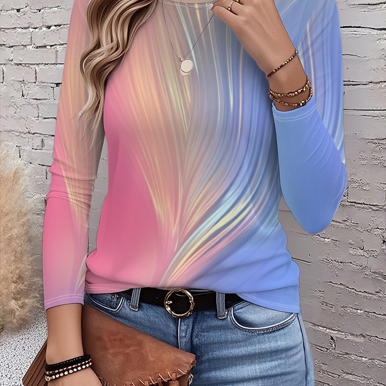 E-shop T-Shirt mit -Farbverlauf, Farbblock, Allover-Print, Grafikdruck, Langarm-Freizeitoberteil mit Rundhalsausschnitt, Frühling/Herbst,