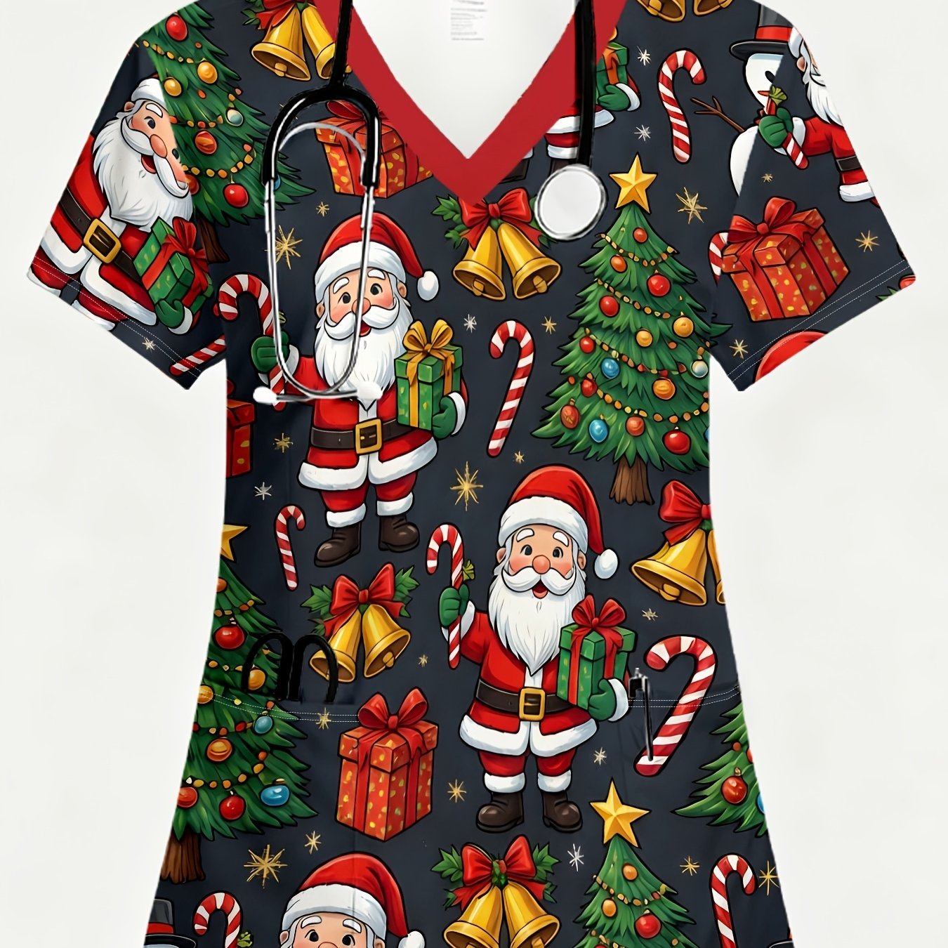 TEMU A Women's Uniform Featuring An Print On A , With 2 Pockets And A V-neck. The Vintage Christmas-themed Print Includes Such As Santa Claus,