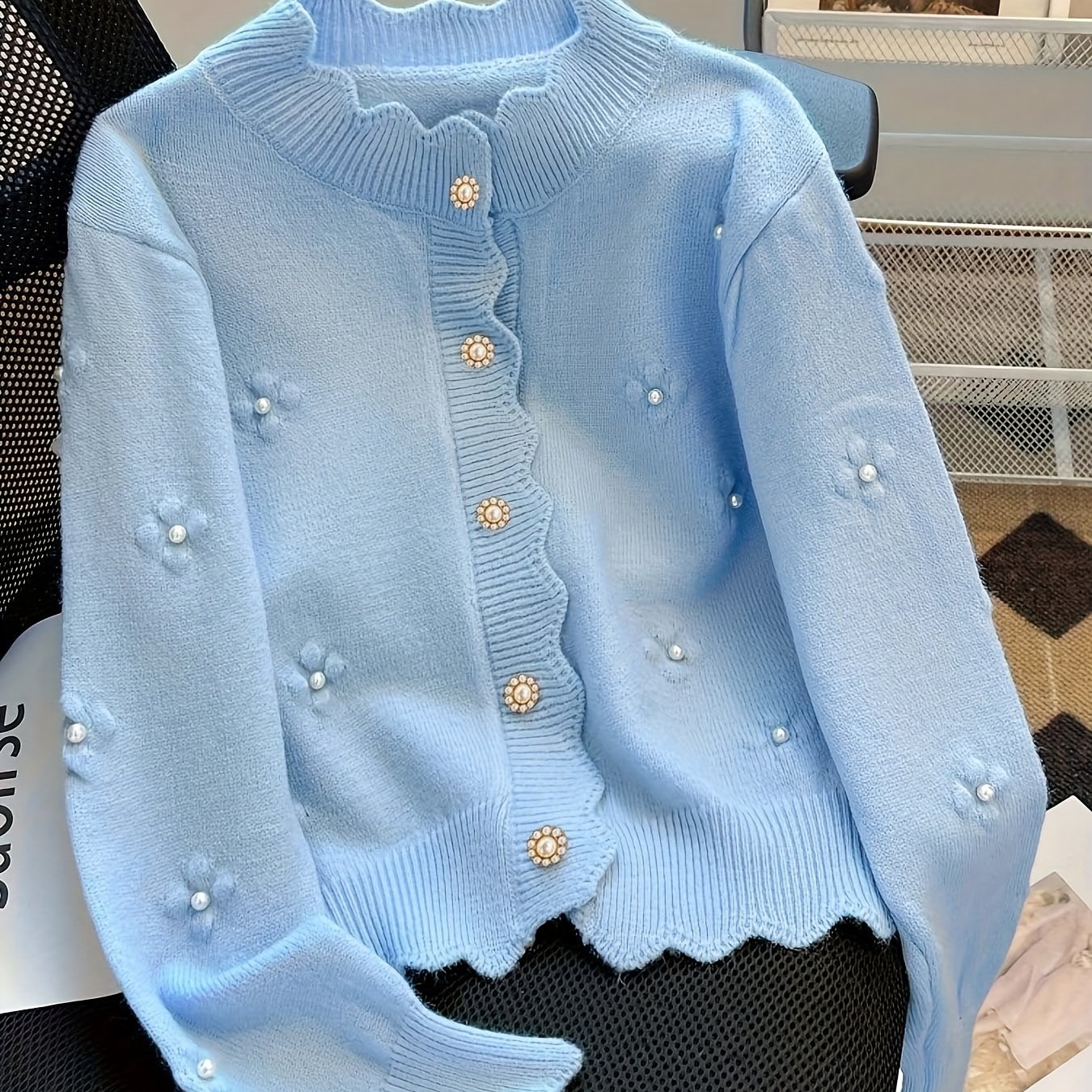 TEMU 2026 Spring/summer New Arrival Sweet And Elegant Fashion Button-up Sweater Cardigan With Floral And Pearl Embellishments