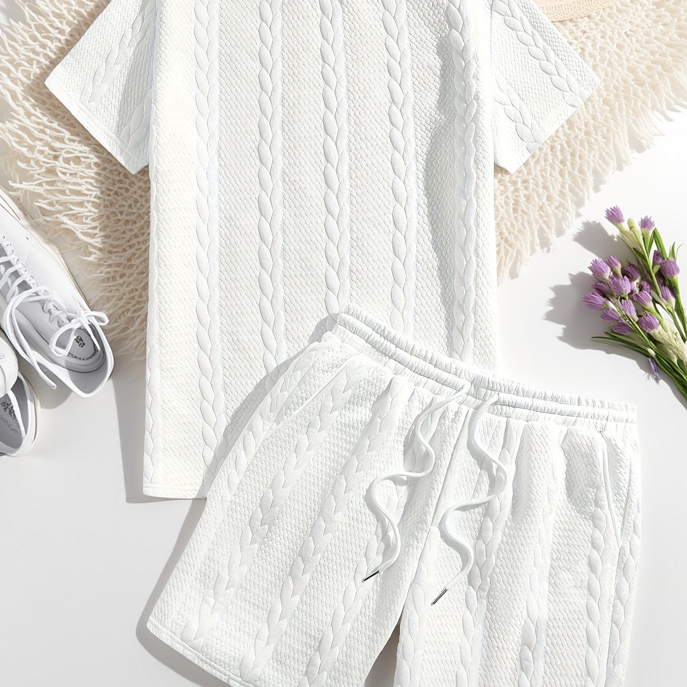 Men's Short Sleeve T-shirt And Shorts Set, Thickened Solid Color Knit Casual Jacquard Short Outfit 2pcs Set