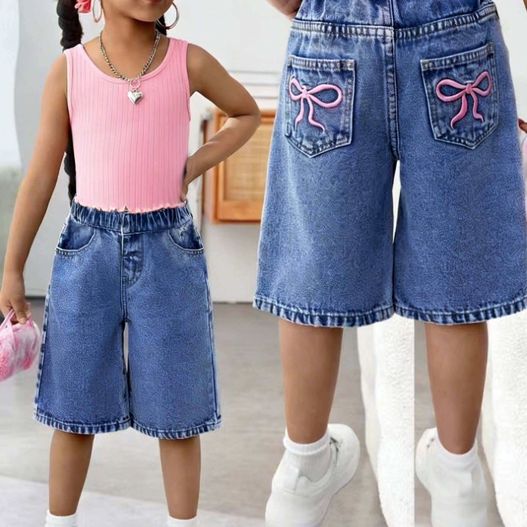 Young Girl Y2k 2026 Loose Easter Denim Shorts, Kids' Spring And Summer Casual Bohemian Outfits For Vacation And Country Style, Beach Western Streetwear, Spring Break And Carnival Denim Capris