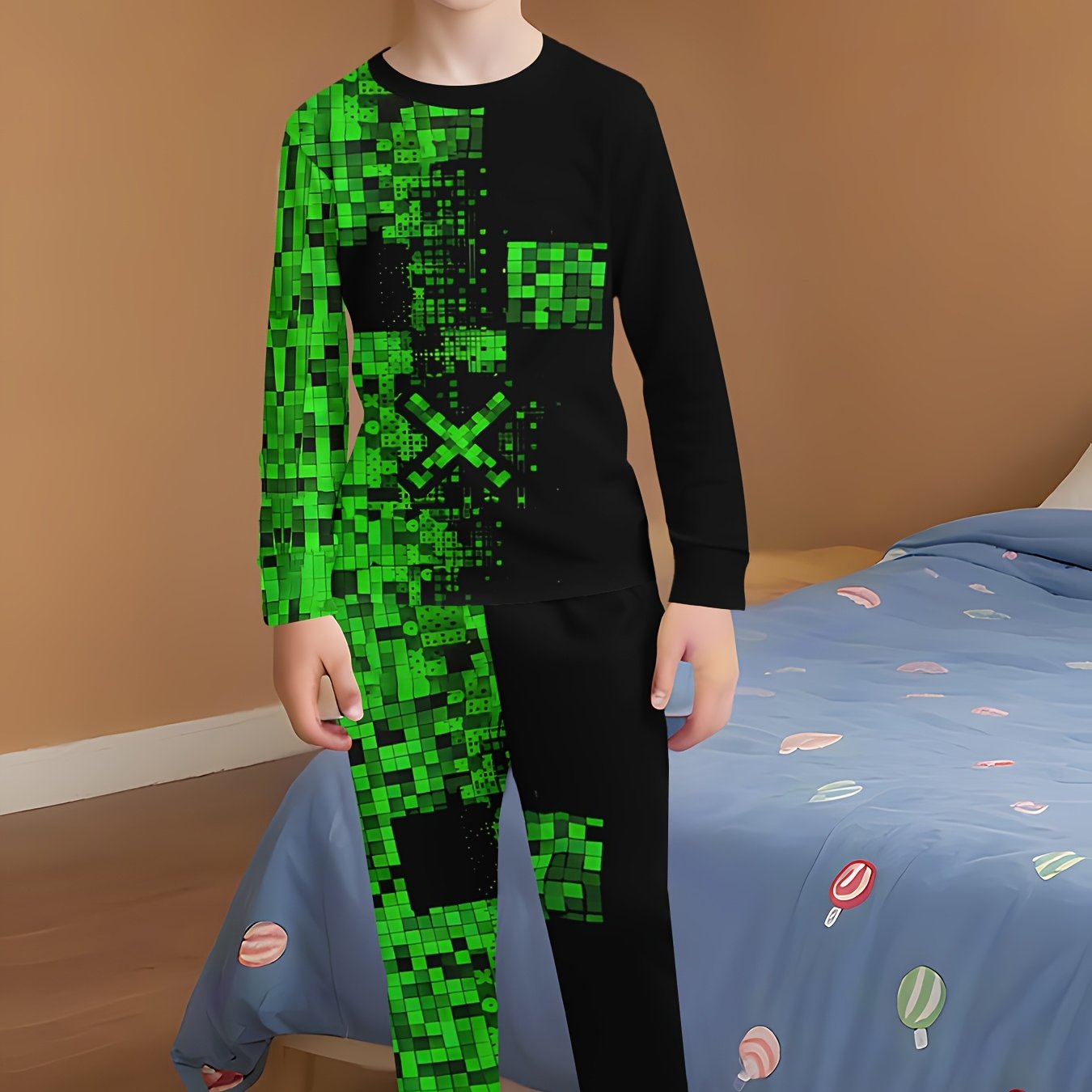 Boys' Fashion Pixel Style Long Sleeve And Trousers Two-piece Set