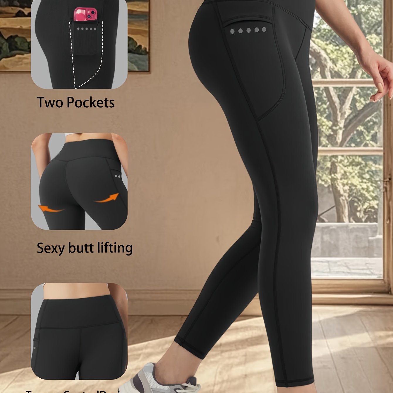 E-shop Damen Sport Leggings in großen Größen mit hohem Bund und Hüftlift, praktische Seitentaschen und reflektierendem Logo, Yoga-Hosen zum Lifting und