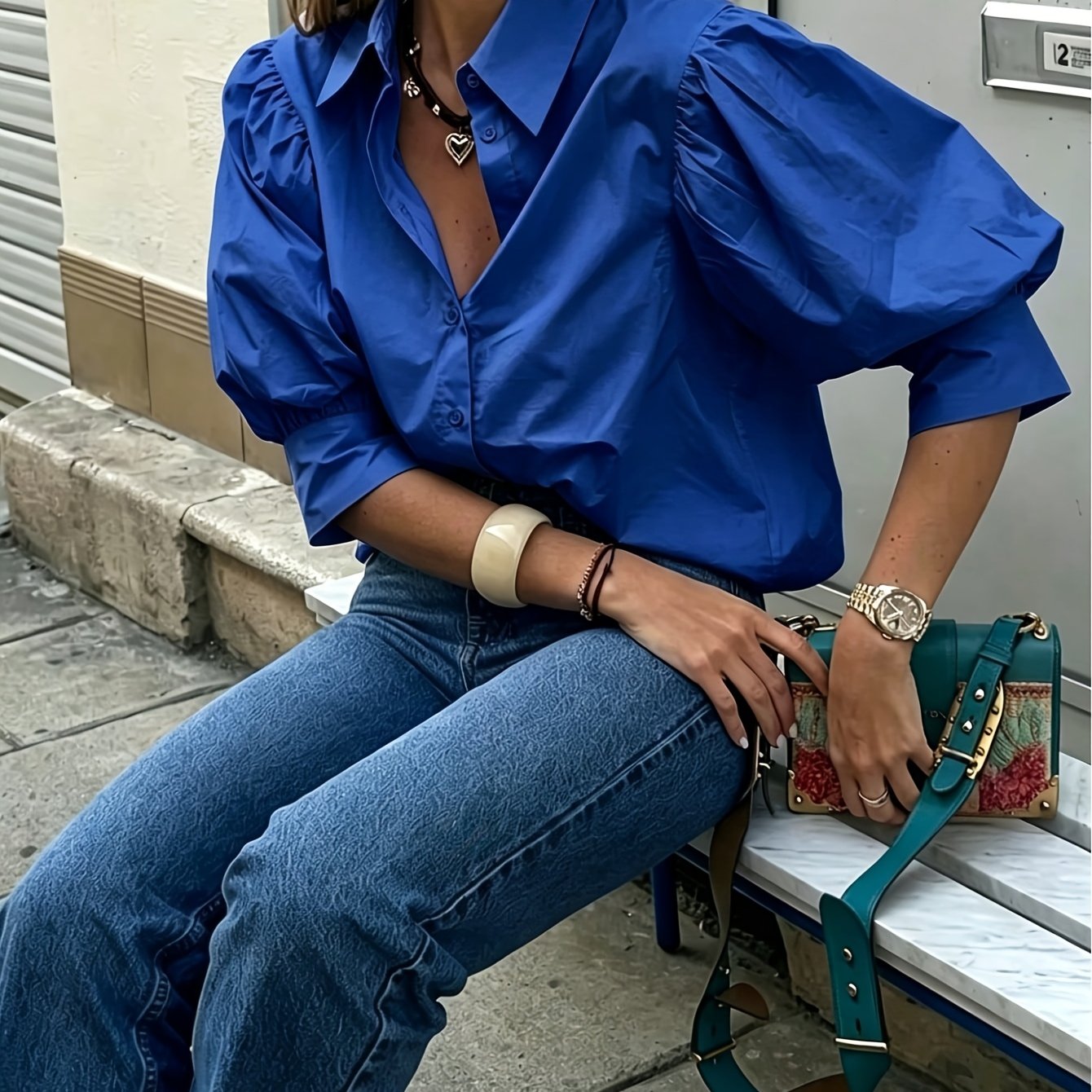 TEMU Women's Elegant Casual Bubble Sleeve Solid Color Shirt