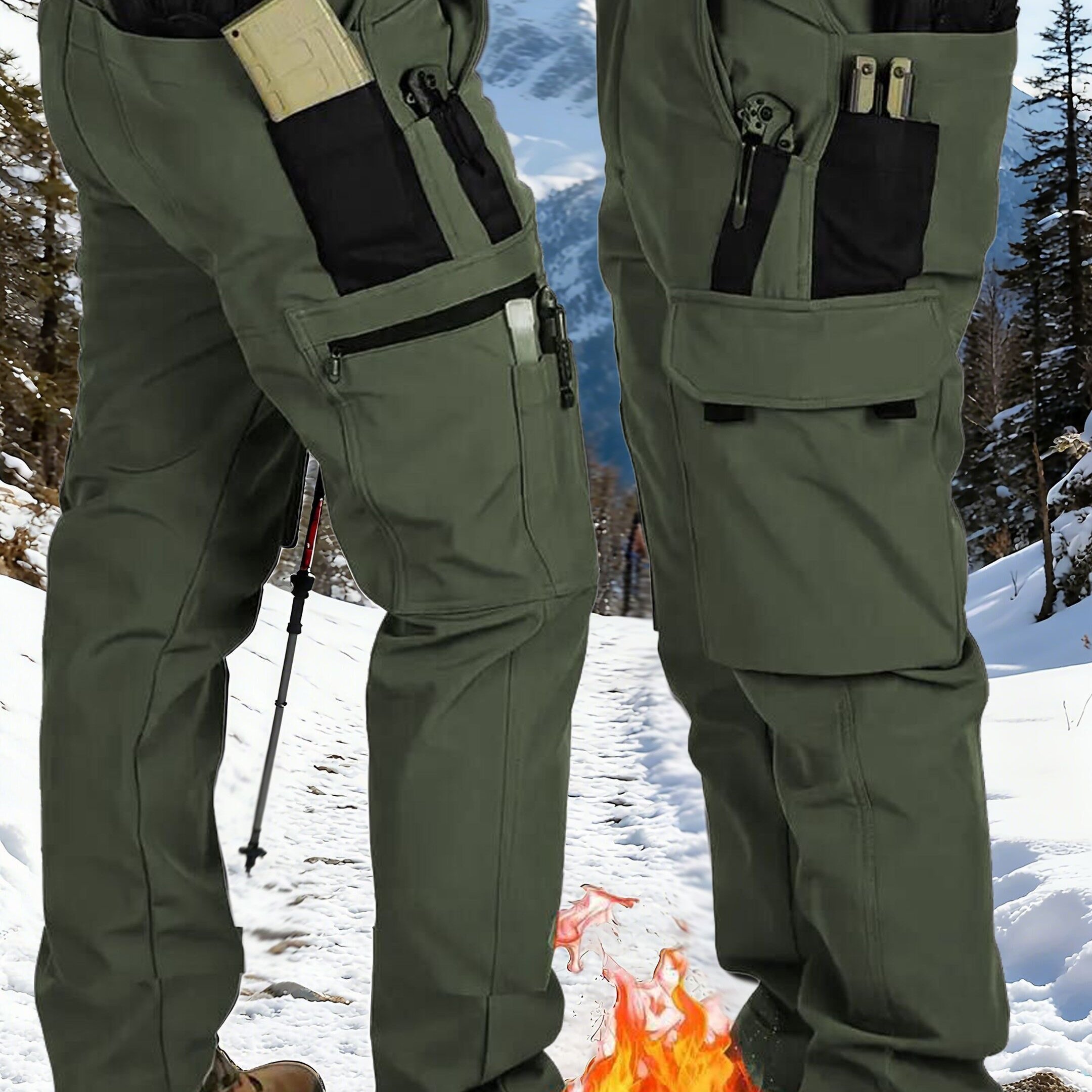 Men's Fleece-Lined Windproof Cargo Pants for Outdoor Activities