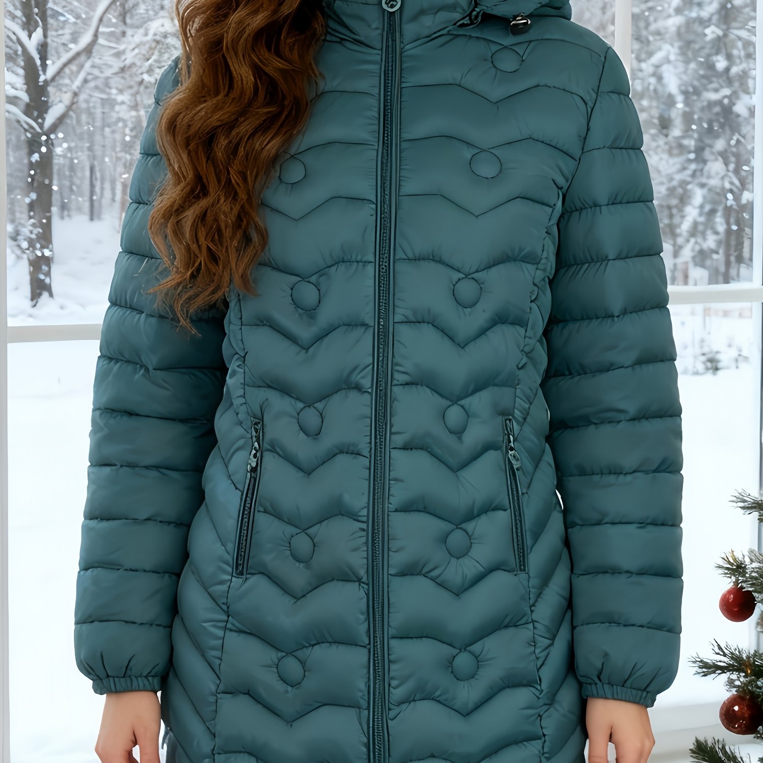 TEMU Un cappotto verde trapuntato a lunghezza e con cappuccio, dotato di chiusura a zip e eleganti tasche pratiche su entrambi i lati. I polsini