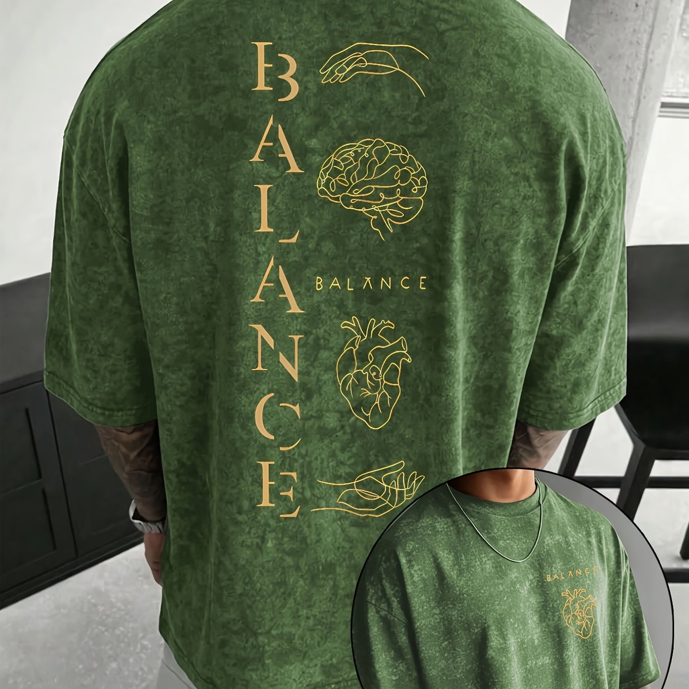 TEMU [printed Design - Not Textured] Men's Distressed Washed Balance Printed T-shirt, Loose Fit Casual Crew Neck Short Sleeve, Minimalist Niche